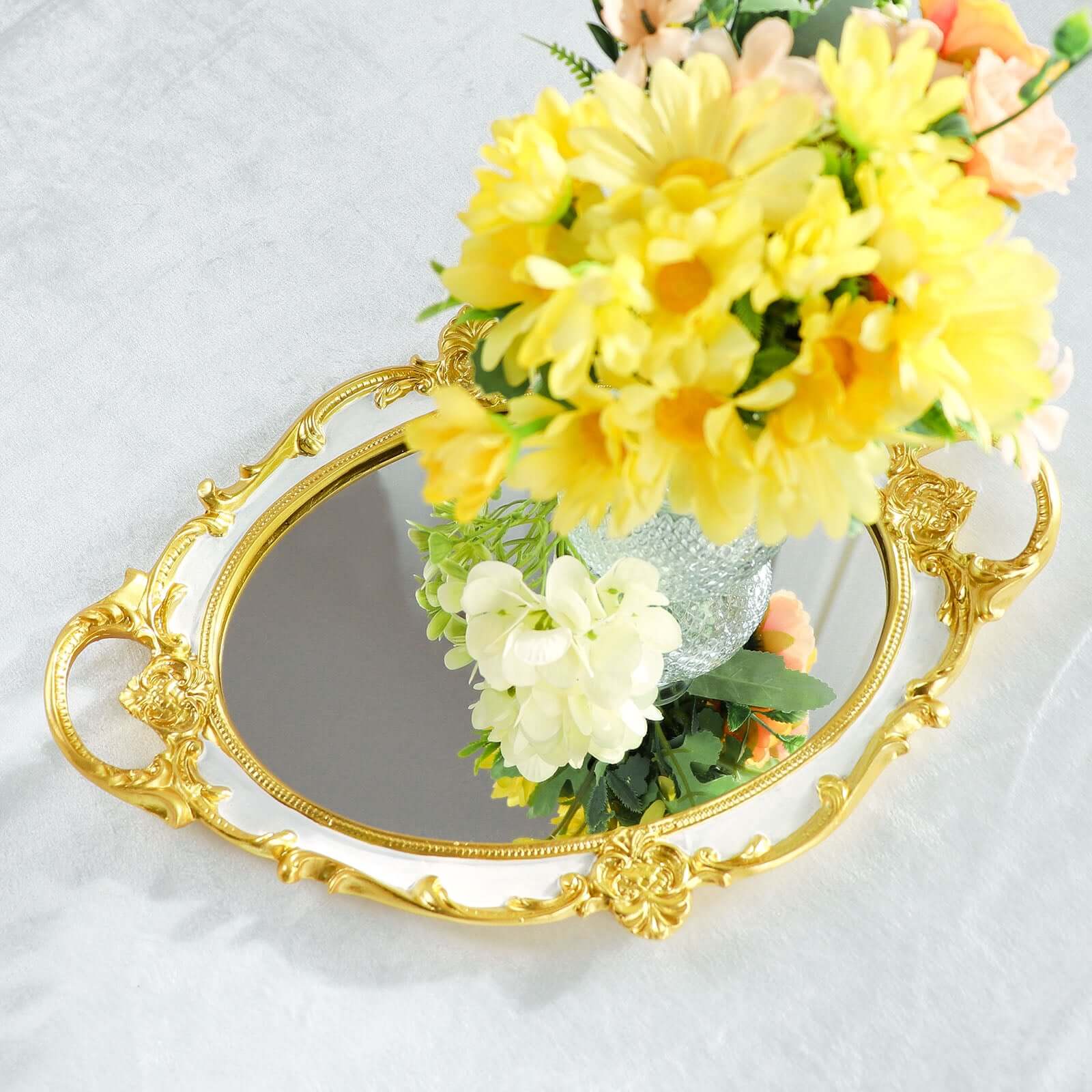 Resin Mirrored Vanity Oval Serving Tray 14x10 in White with Metallic Gold Baroque Design, Stylish Decorative Vanity Tray Centerpiece