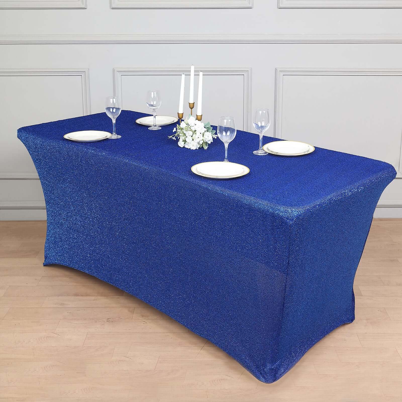 Royal Blue Metallic Shimmer Tinsel Spandex Tablecloth 6ft Rectangle Fitted Table Cover for 72x30 Tables