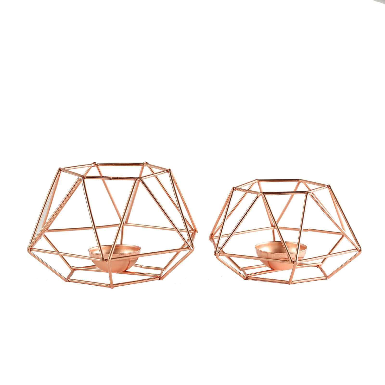 Set of 2 Candle Holders Metal Hexagon Geometric Design Rose Gold - Modern Decorative Centerpieces for Tables 4x3