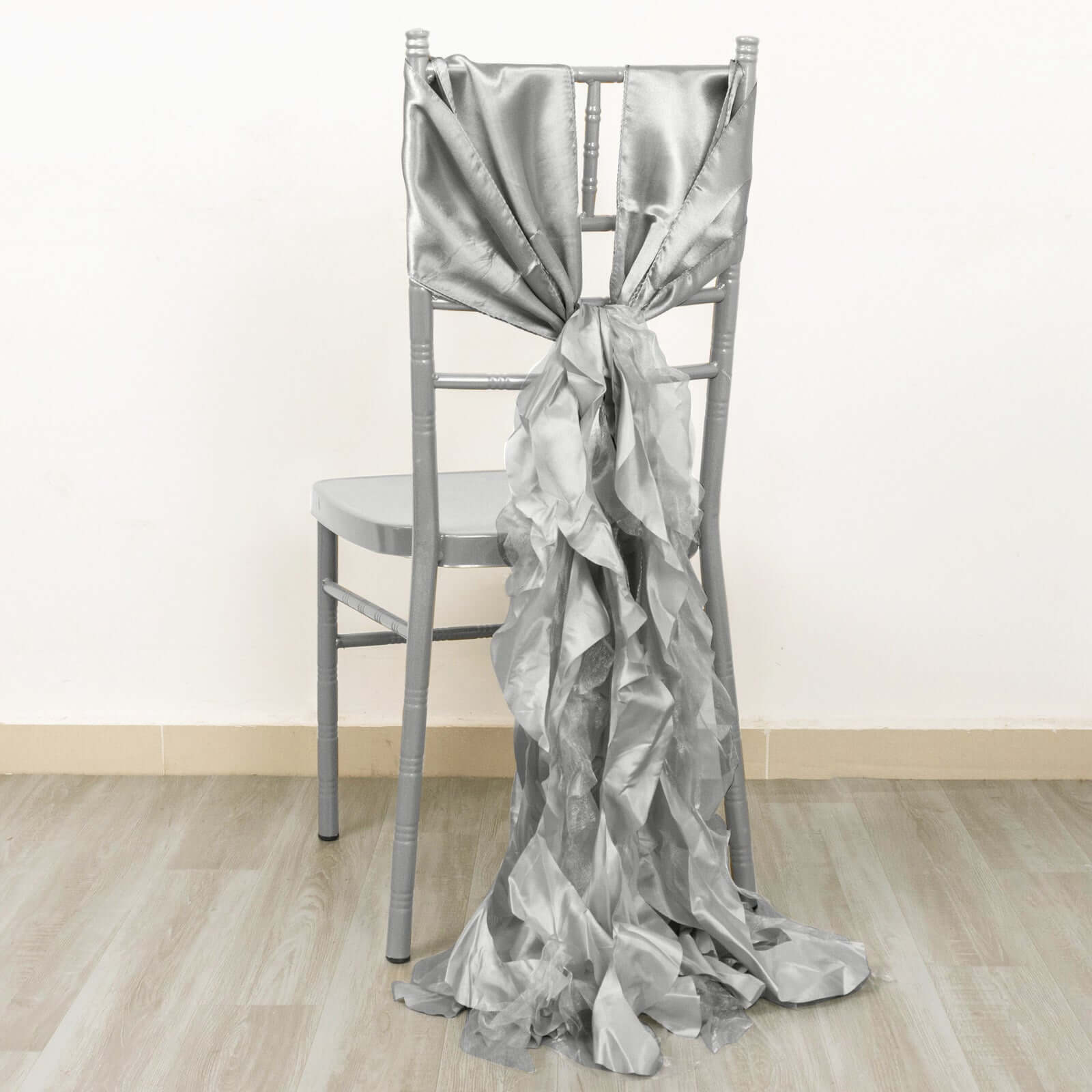 5 Pack Chiffon Satin Chair Sashes Silver - Easy to Install Ruffled Curly Willow