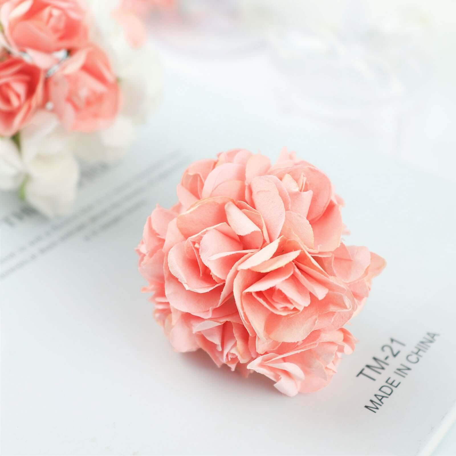 144 Pack Pink Paper Mini Craft Roses, DIY Craft Flowers With Wired Stem