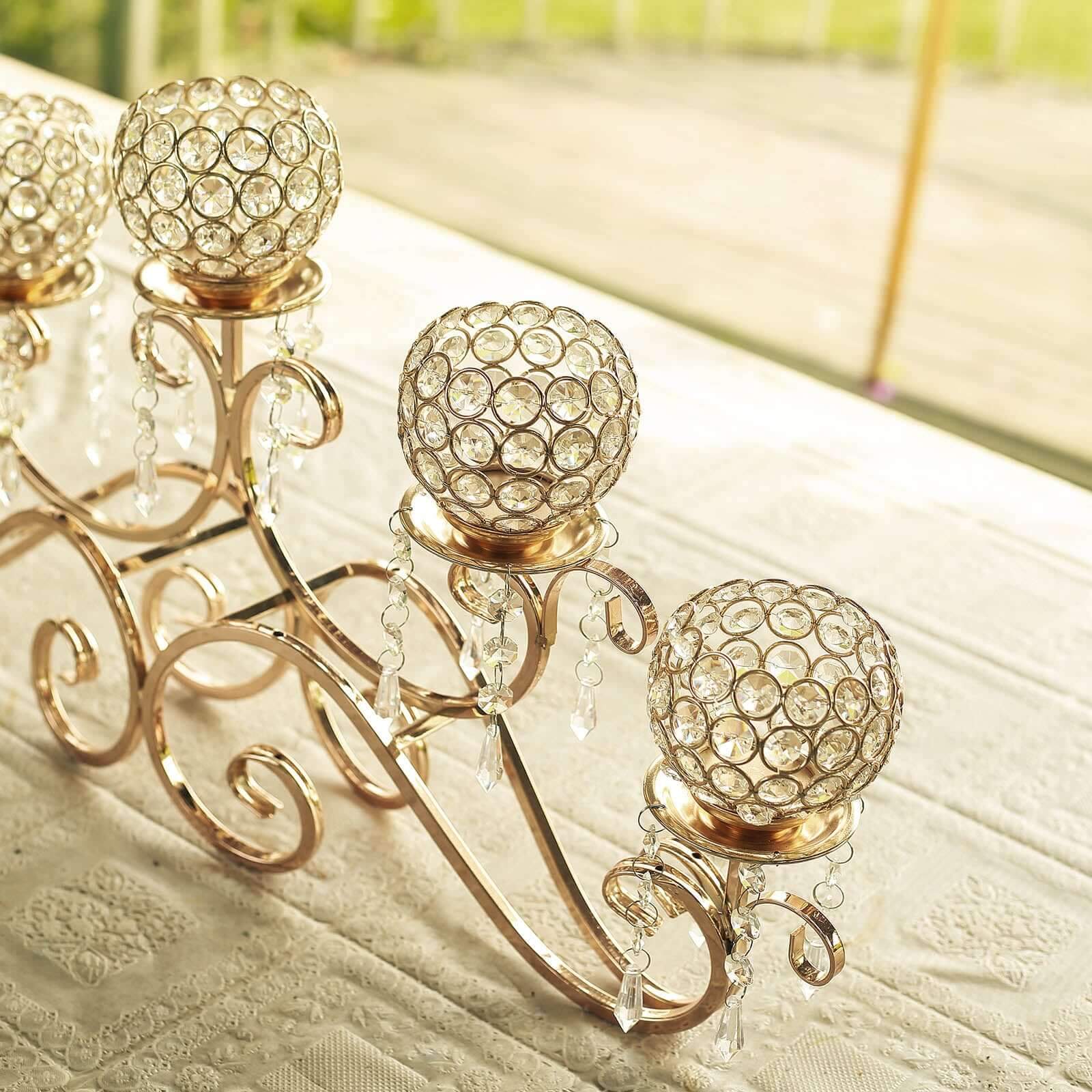 5-Arm Metal Candelabra Horizontal Design with Crystal Goblets Gold - Table Centerpiece for Events 27