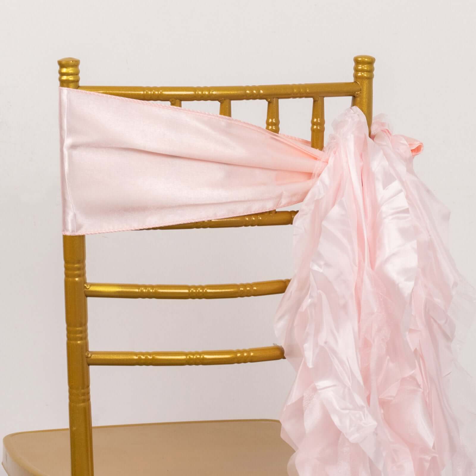 5 Pack Chiffon Satin Chair Sashes Blush - Easy to Install Ruffled Curly Willow