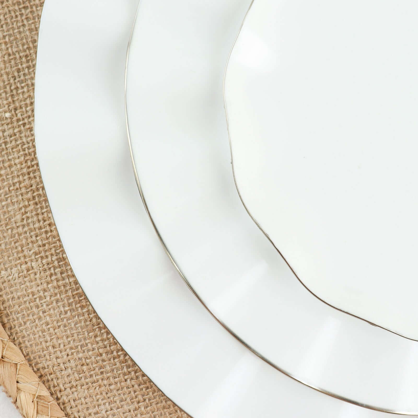 10-Pack Plastic 11 Round Dinner Plates in White Ruffled Rim with Gold Edging - Sturdy Disposable Dinnerware for Classy Events & Banquets