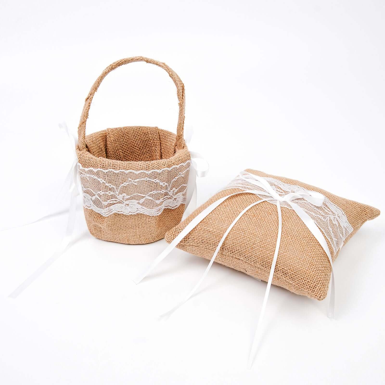 1 Set Natural Burlap and Lace Flower Girl Petal Basket and Ring Bearer Pillow Wedding Set