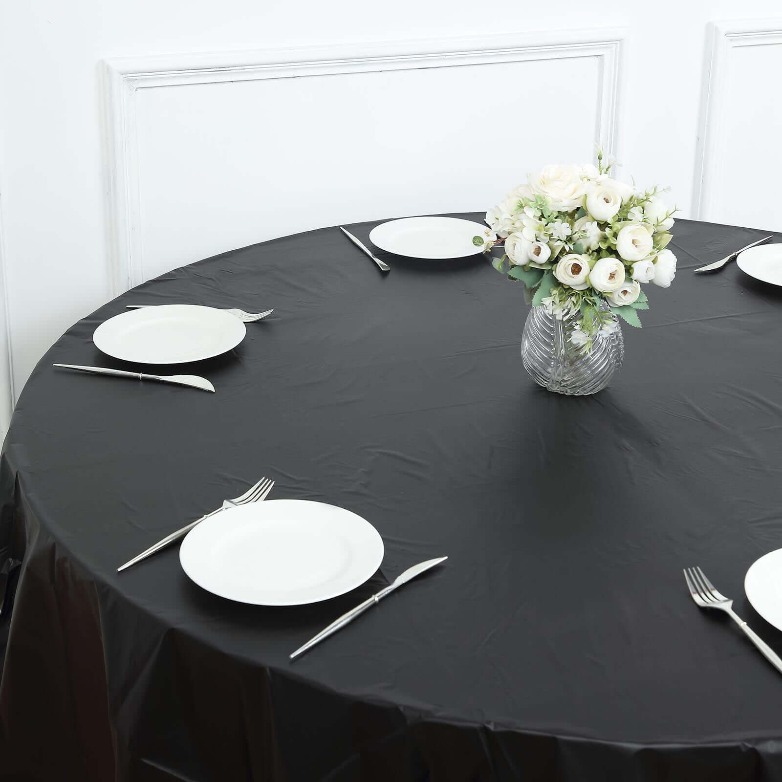 5-Pack Plastic Table Covers Black Round - Durable PVC Disposable Tablecloths for Events 84