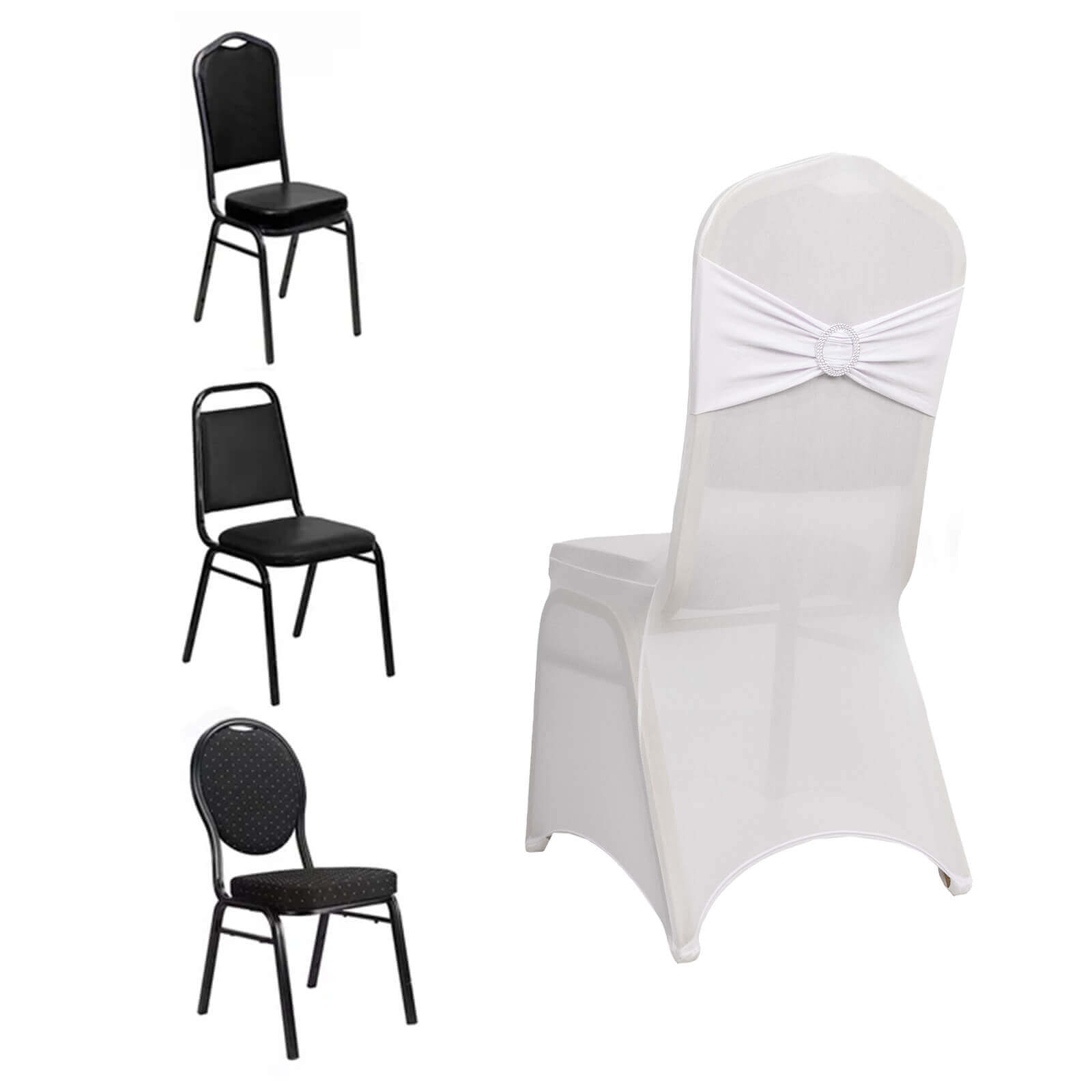 Spandex Chair Cover with White Rhinestone Buckled Sash Band Blush - Stylish Stretch Fitted Slipcover for Banquets & Events