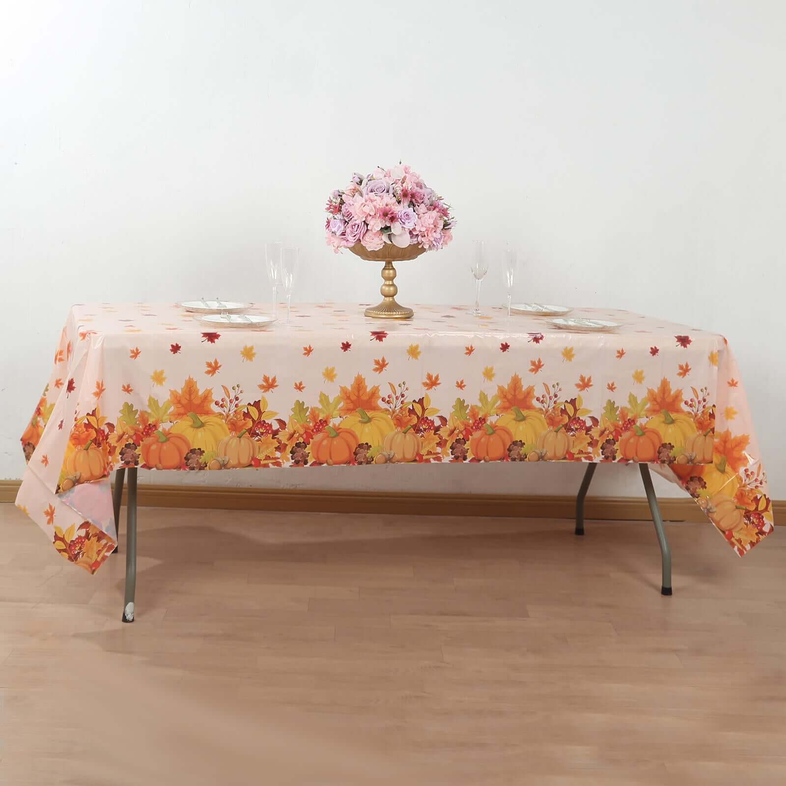 5-Pack Plastic Tablecloths Orange Thanksgiving Rectangle with Fall Leaves Pumpkin Print - Festive PVC Disposable Table Covers 54x108