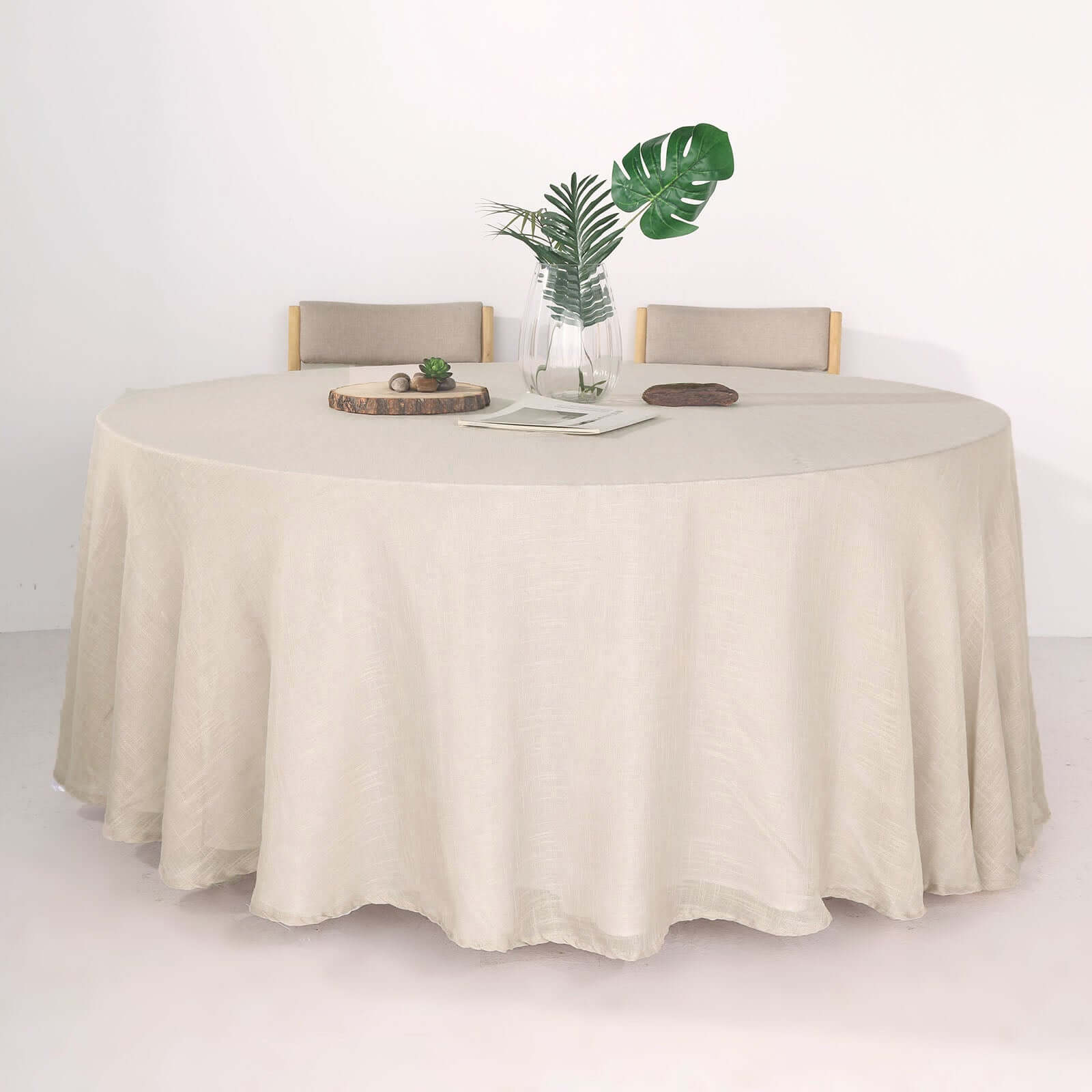 Faux Linen 120 Round Tablecloth Beige - Slubby Texture Wrinkle-Resistant Seamless Table Cover