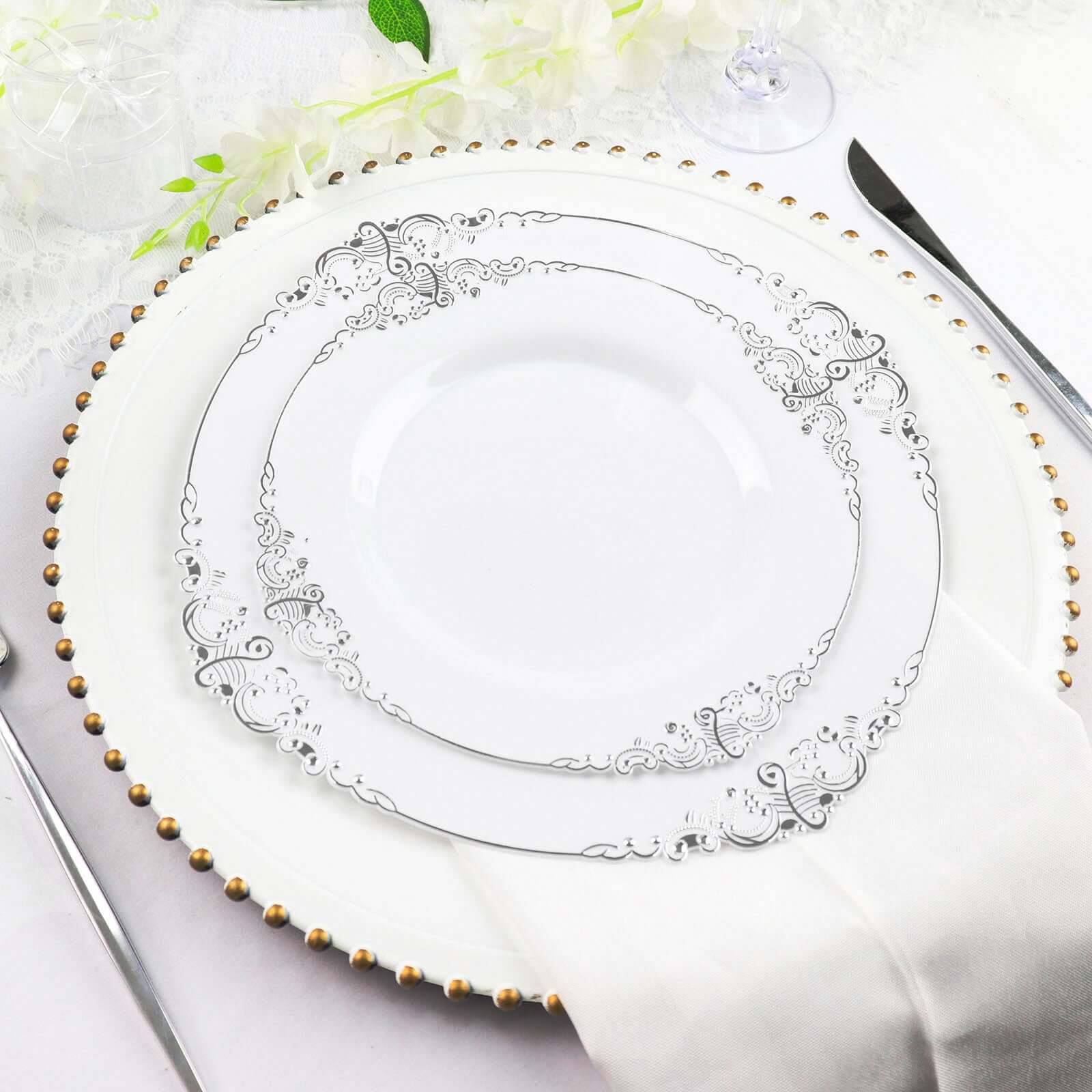 10-Pack Plastic 8 Round Dessert Plates in White with Silver Leaf Embossed Rim - Disposable Vintage Baroque Style Salad Plates