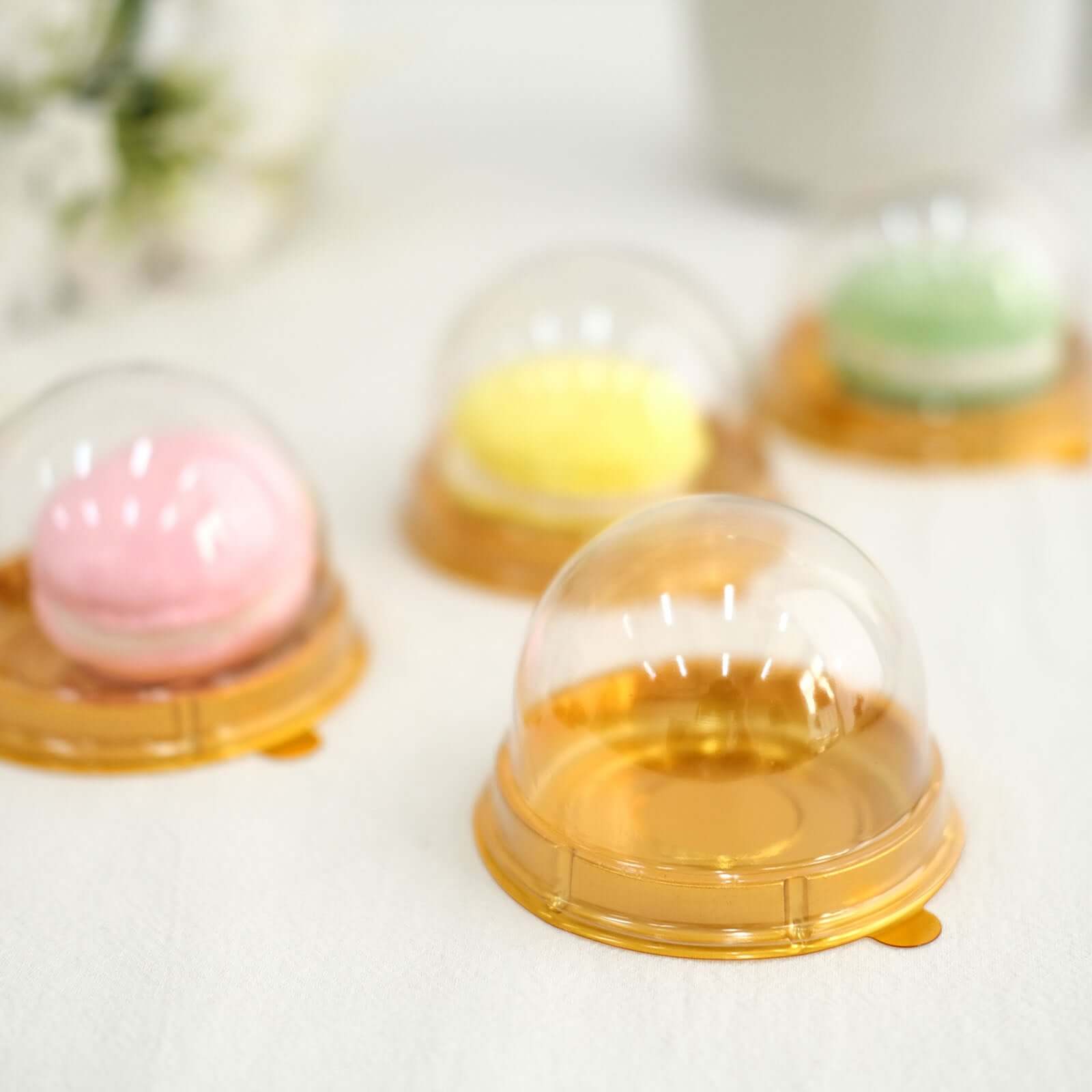 50-Pack Favor Containers Round Dome Design Gold and Clear - Plastic Party Boxes for Cupcakes and Sweets 3