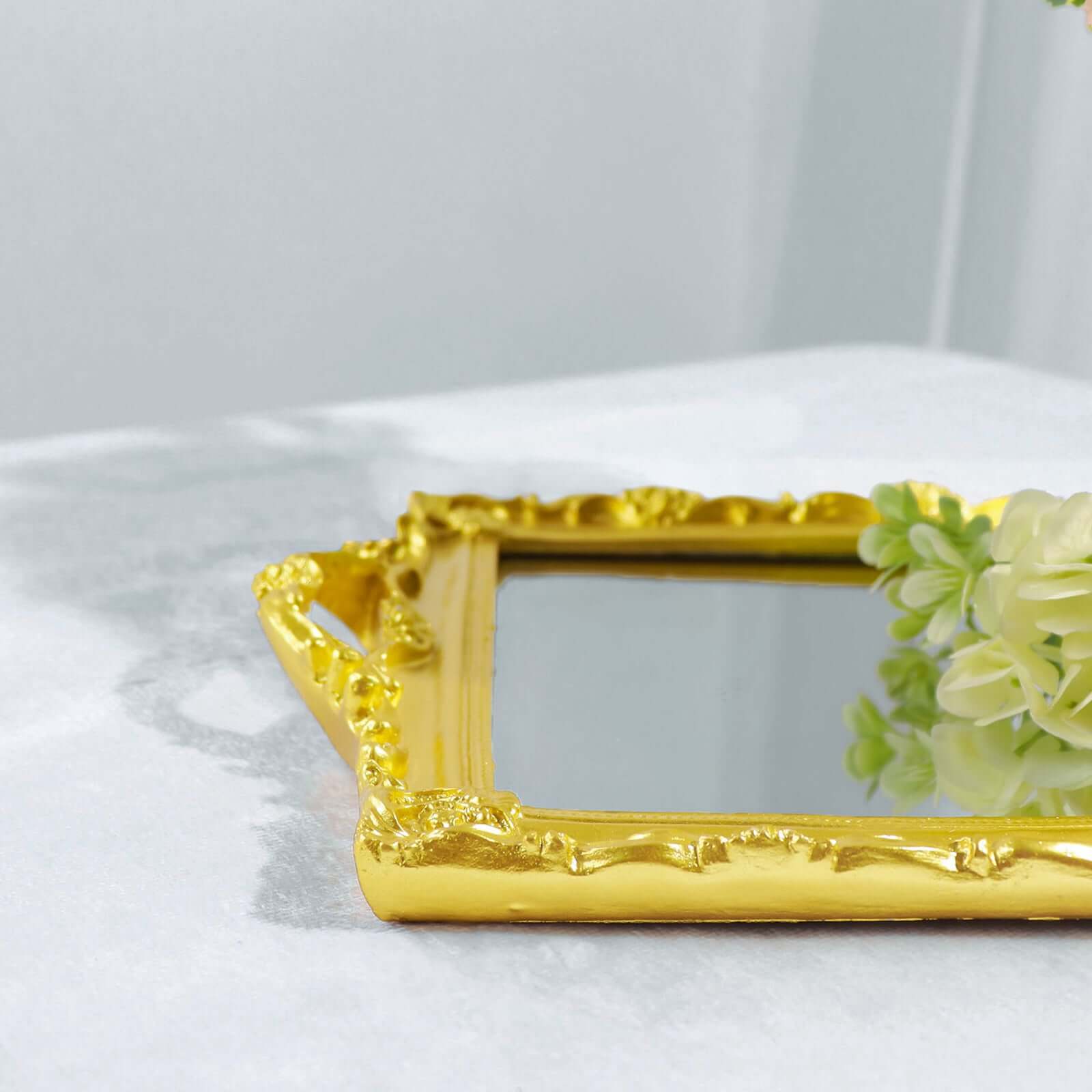 Resin Mirrored Rectangle Serving Tray 15x10 in Metallic Gold with Baroque Design, Stylish Decorative Vanity Tray Centerpiece