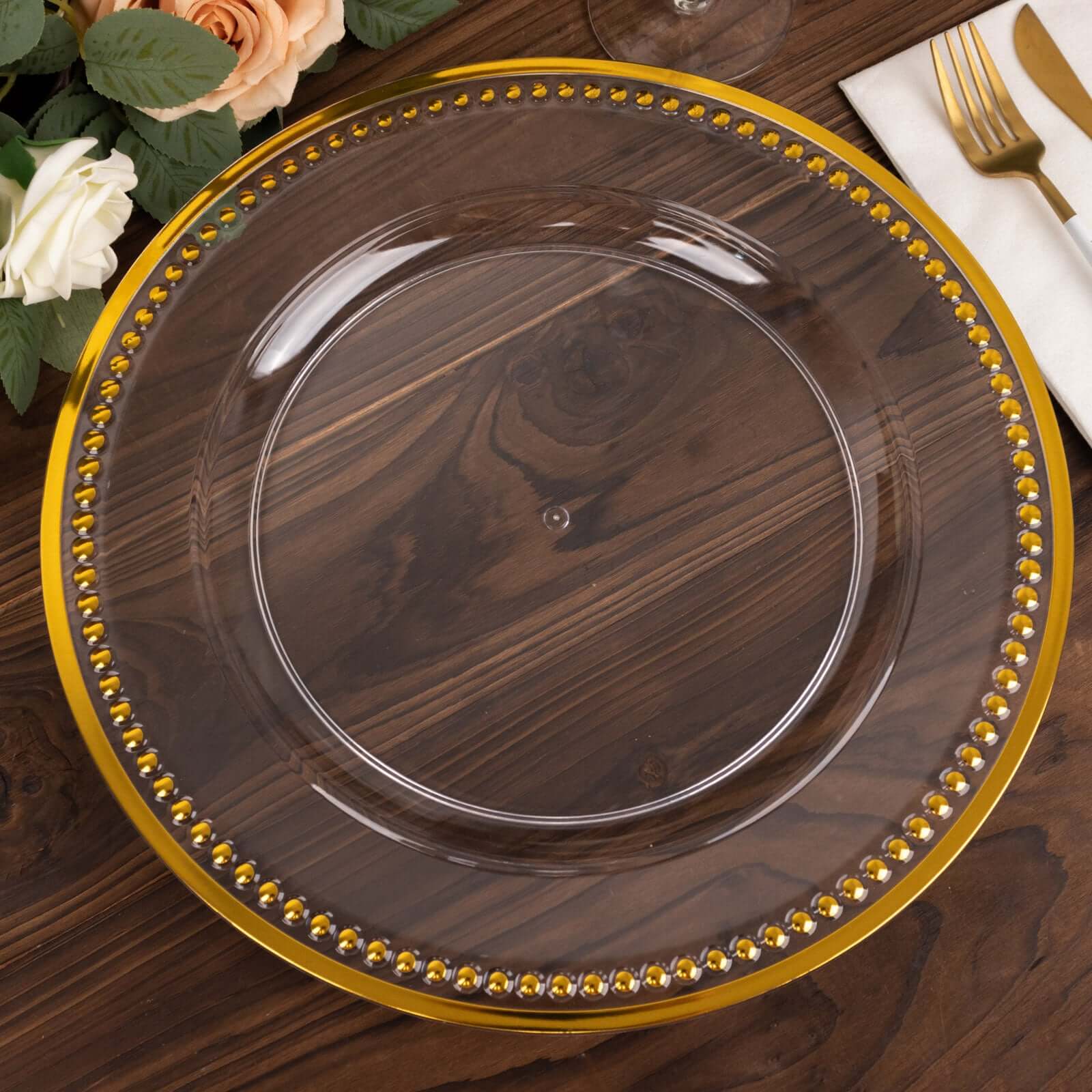 6-Pack Acrylic Round Charger Plates 13 in Clear with Gold Beaded Rim, Dinner Charger Event Tabletop Decor