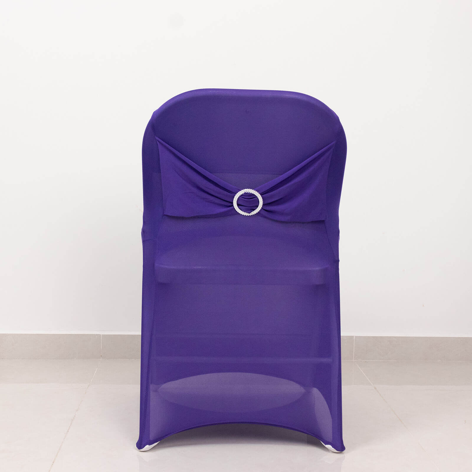 Stretch Spandex Chair Cover Purple for Folding Chairs - Secure Fit Slipcover with Silver Rhinestone Buckled Sash Band