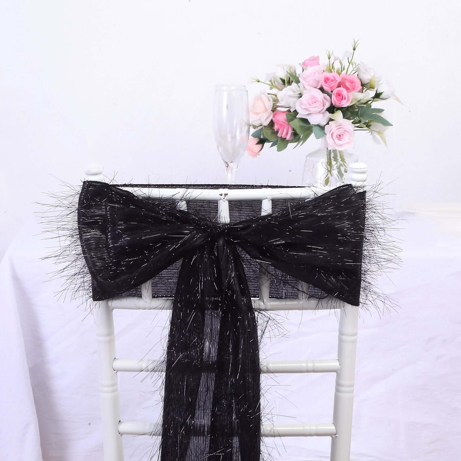 5 Pack Polyester Chair Sashes Black Metallic Tinsel Fringe - Easy to Use Chair Bows 6x108