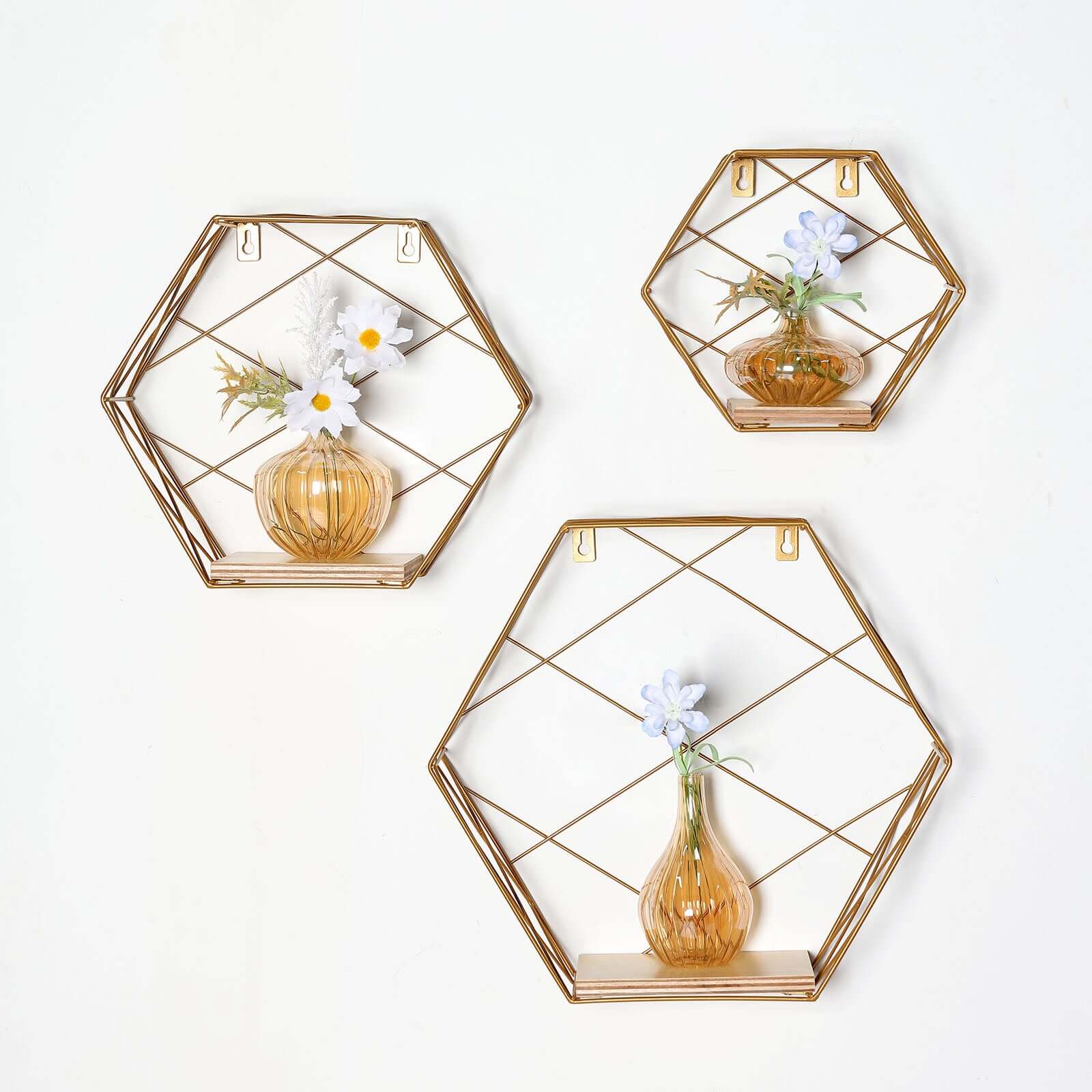 3 Pack Gold Hexagonal Floating Wall Shelves, Decorative Geometric Wall Mounted Shelves - 9,12,14