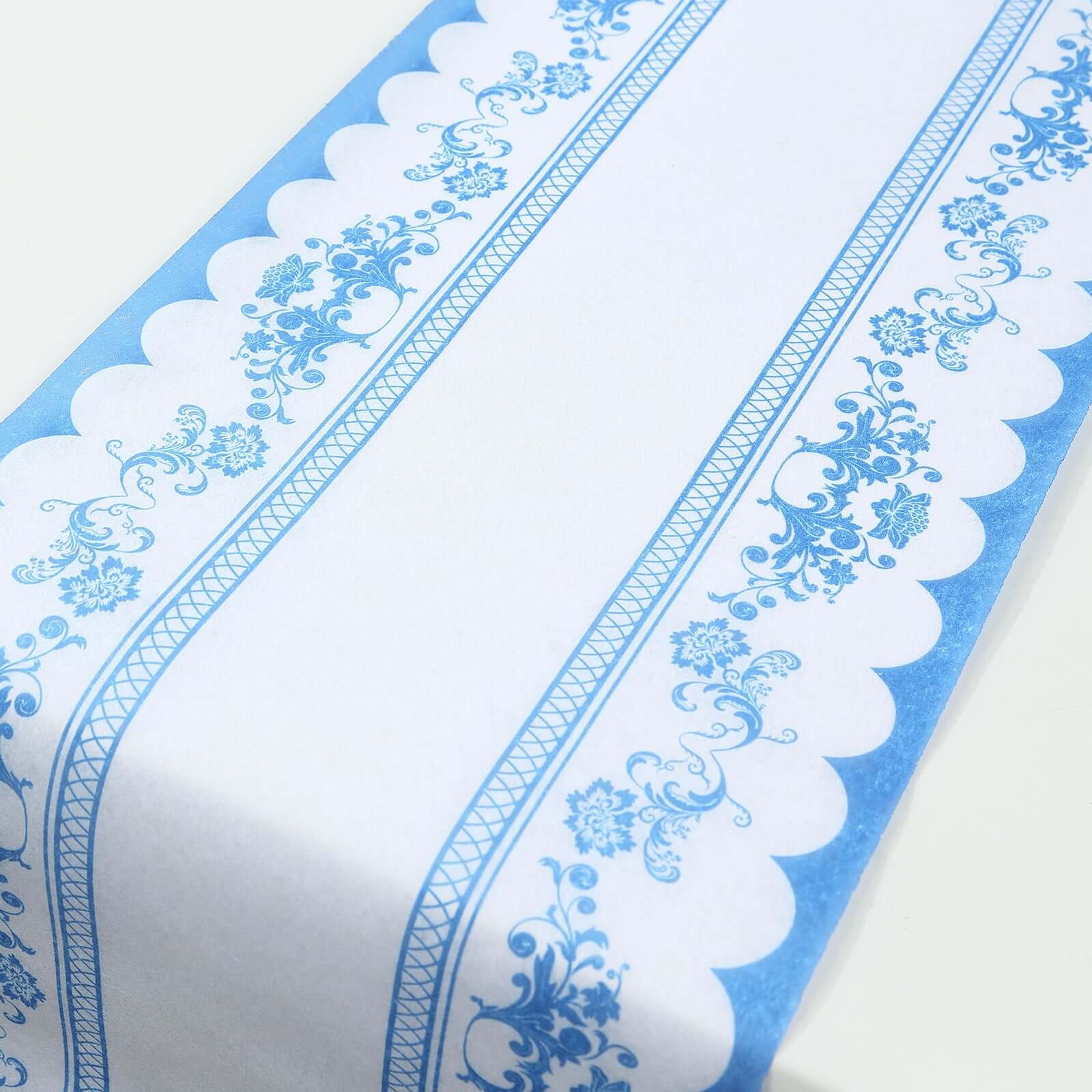 5 Pack Disposable Table Runners 11x108 White with Blue Ornate Floral Prints - Non-woven Stylish Kitchen Dining Table Decor