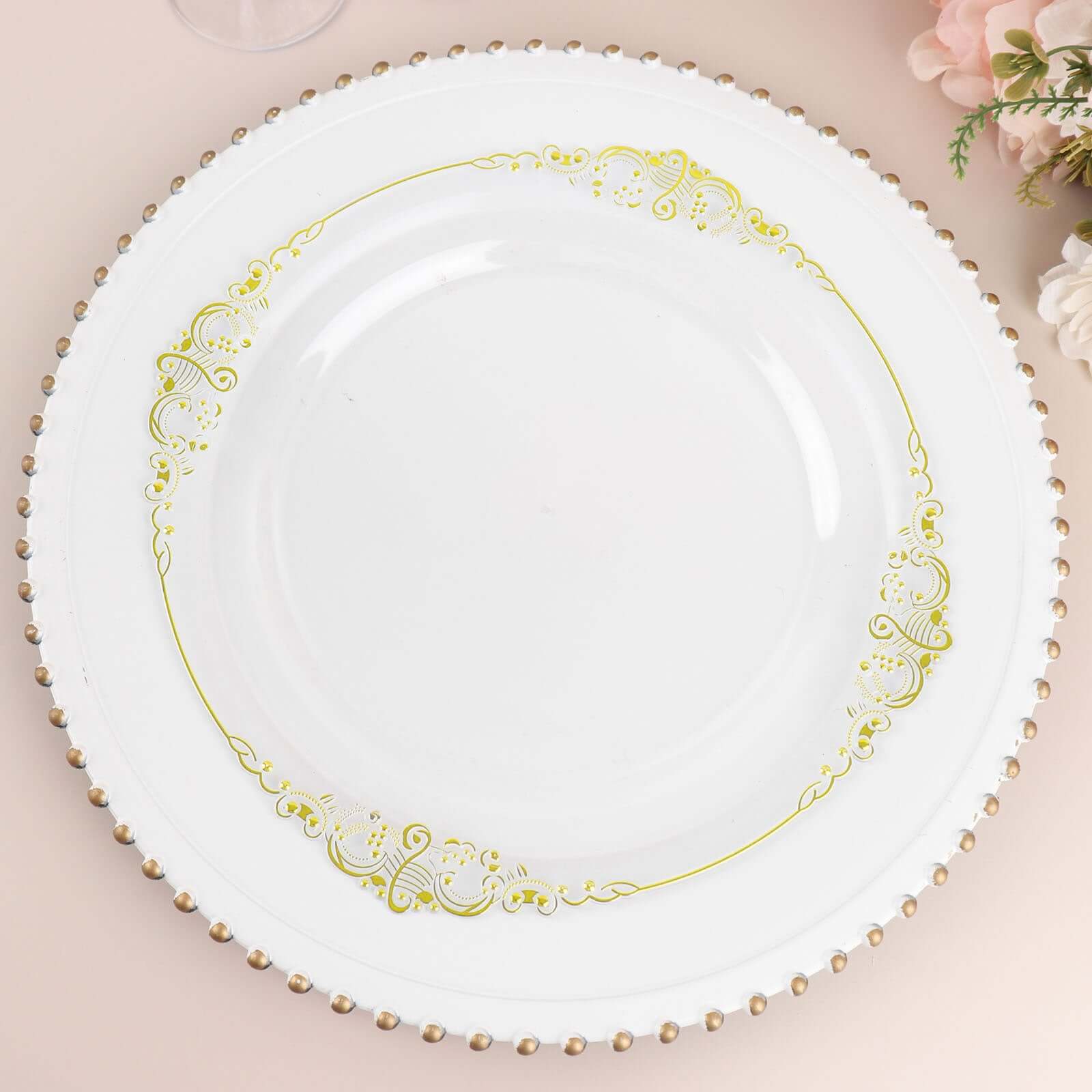 10-Pack Plastic 10 Round Dinner Plates in Clear with Gold Leaf Embossed Rim - Disposable Vintage Baroque Style Plates