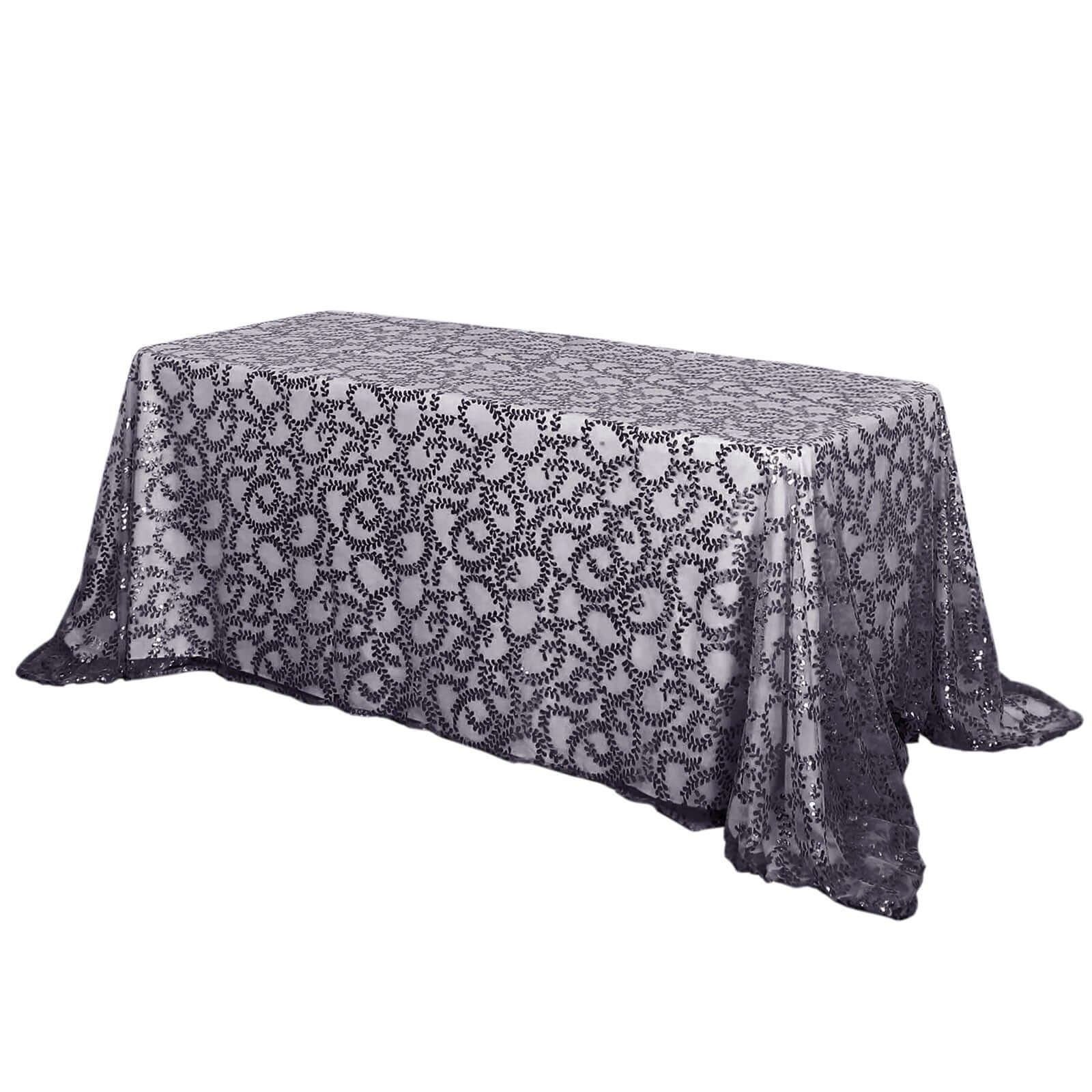 Tulle 90x156 Rectangle Tablecloth Black - Sequin Leaf Embroidered Table Cover