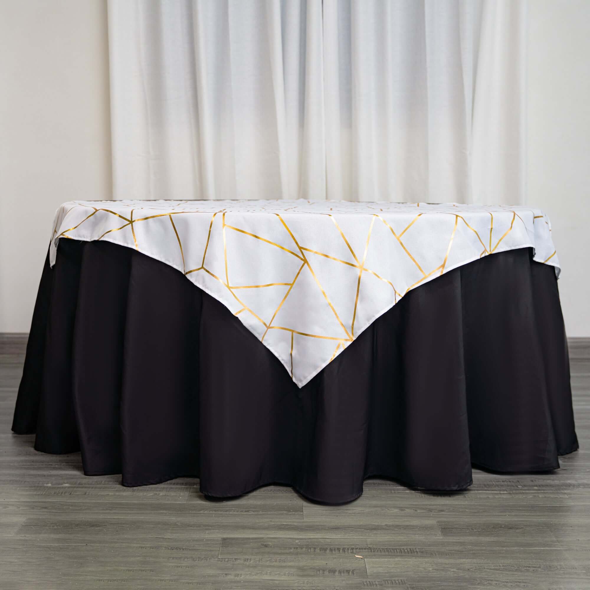 Polyester 54x54 Table Overlay Square Tablecloth White with Gold Foil Geometric Pattern - Wrinkle-Resistant & Durable for Stylish Settings