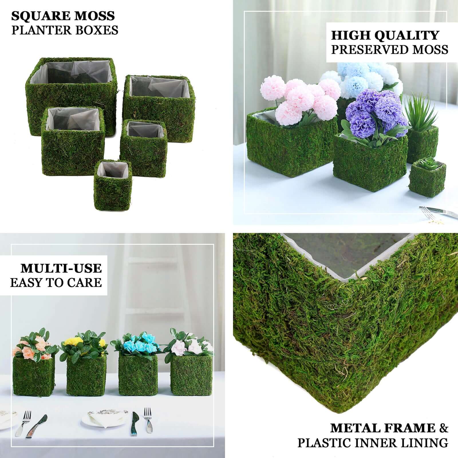 4-Pack Square Planter Boxes Covered with Inner Lining Green Preserved Moss - Flower Basket Centerpieces 6