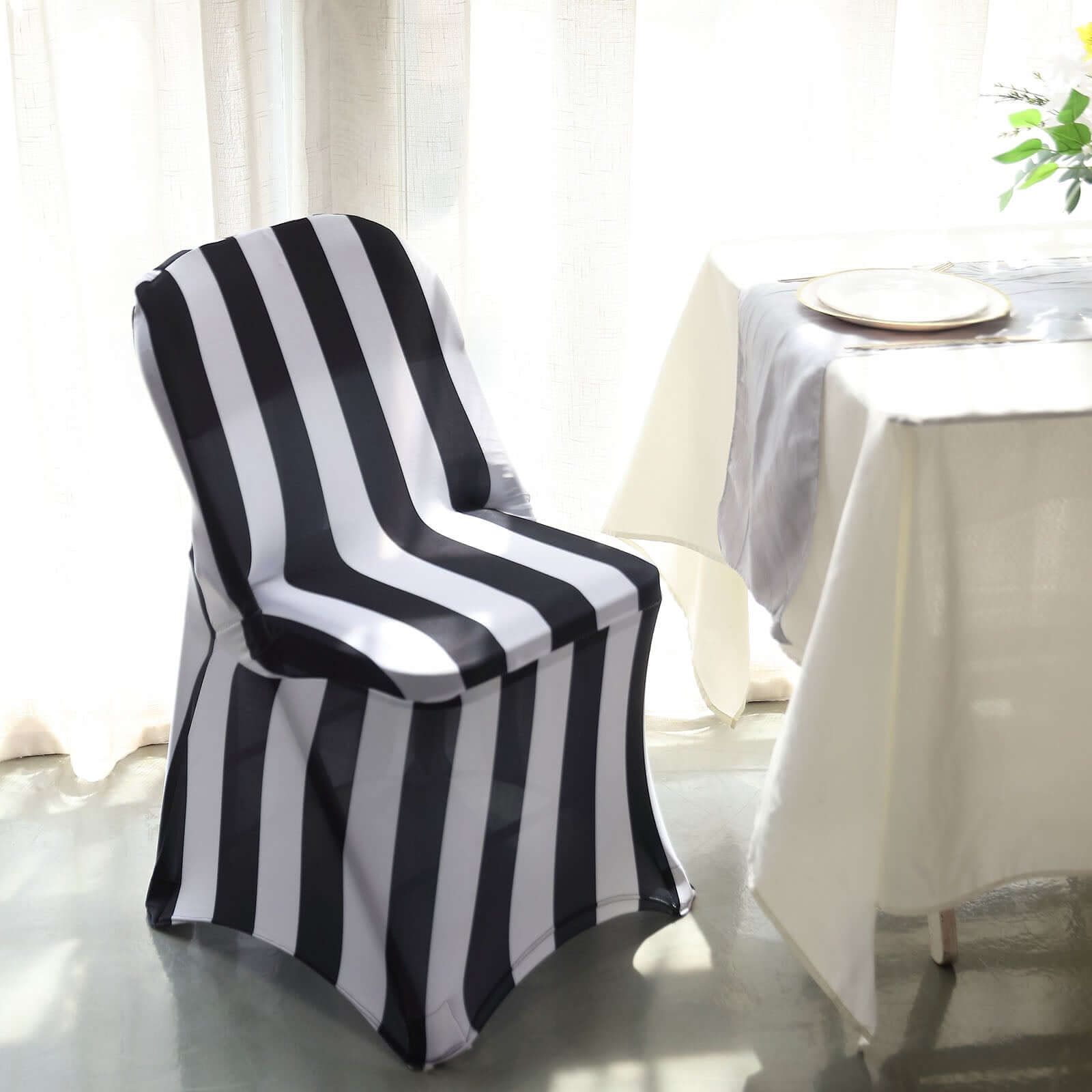 Stretch Spandex Chair Cover Black/White for Folding Chairs - 2 Striped Wrinkle Resistant Classy 160GSM Fitted Slipcover With Foot Pockets