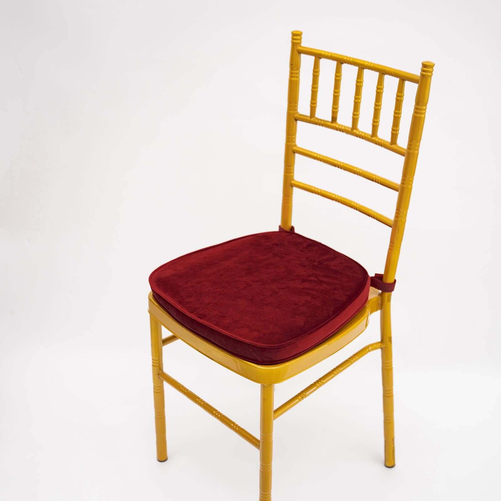 2 Thick Burgundy Velvet Chiavari Chair Pad, Memory Foam Seat Cushion With Ties and Removable Cover