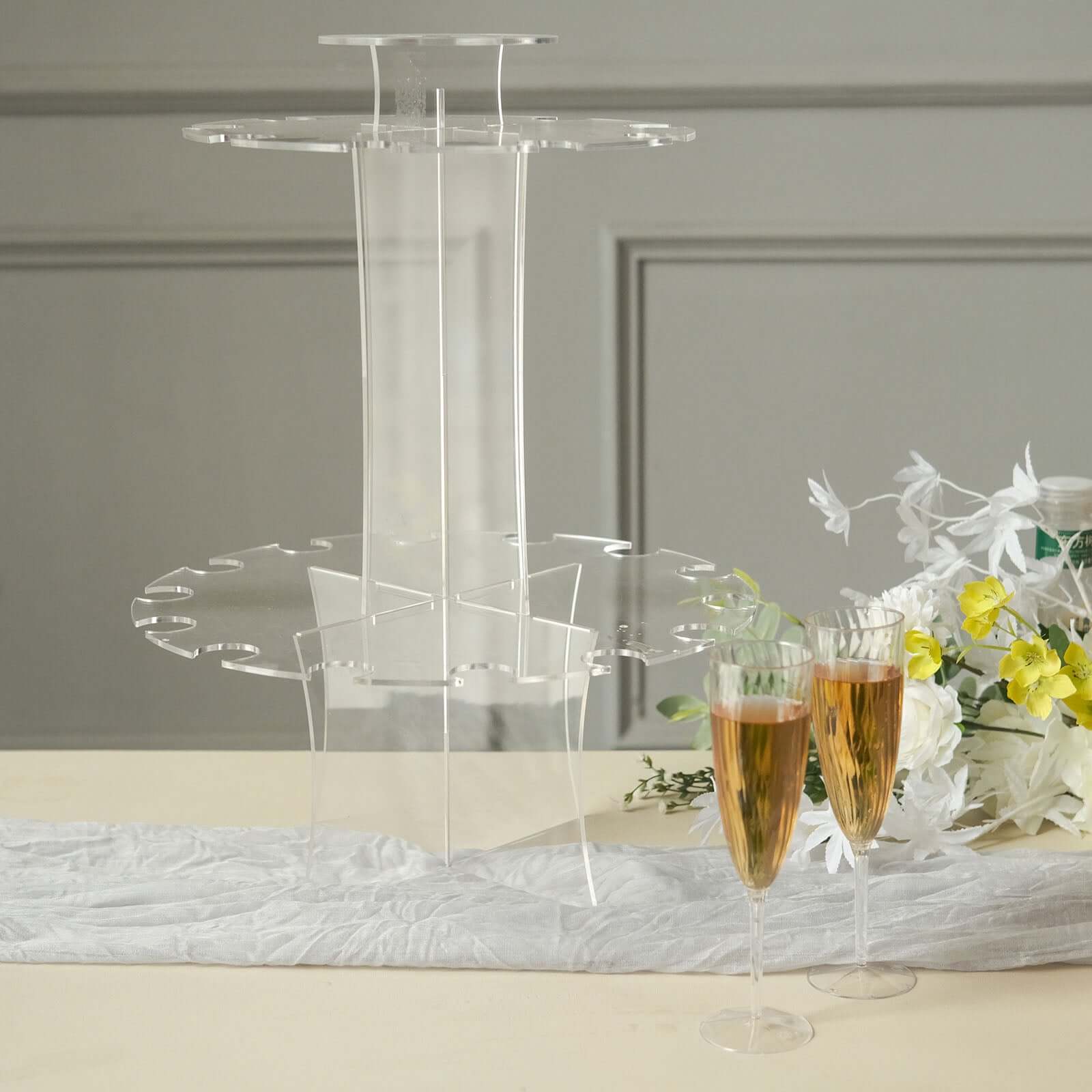 3-Tier Round Champagne Glass Holder Tower Clear Acrylic - Flute Display Rack Cocktail Tree Stand Holds 23 Stemware + 1 Bottle for Professional & Home Use 21