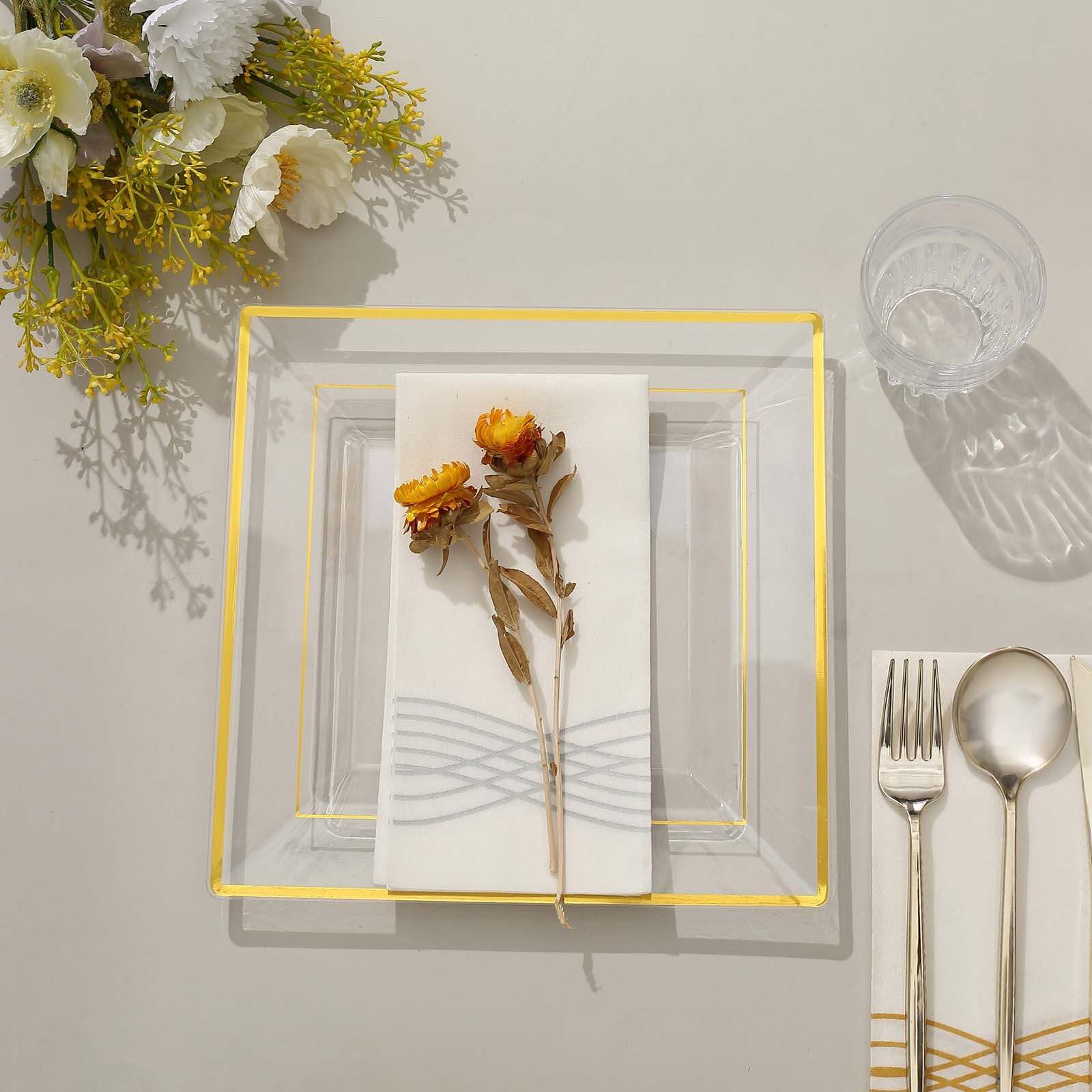 10 Pack 10 Gold Trim Clear Square Disposable Dinner Plates, Plastic Party Plates