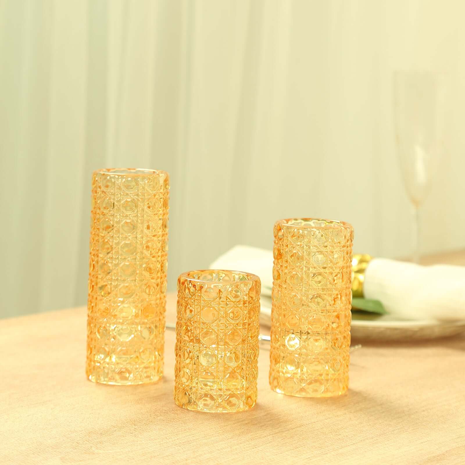 Set of 3 Glass Taper Candle Holders Amber Gold with Gemstone Pattern - Dual Sided Crystal Cylinder Tealight Stands 3, 4, 5.5