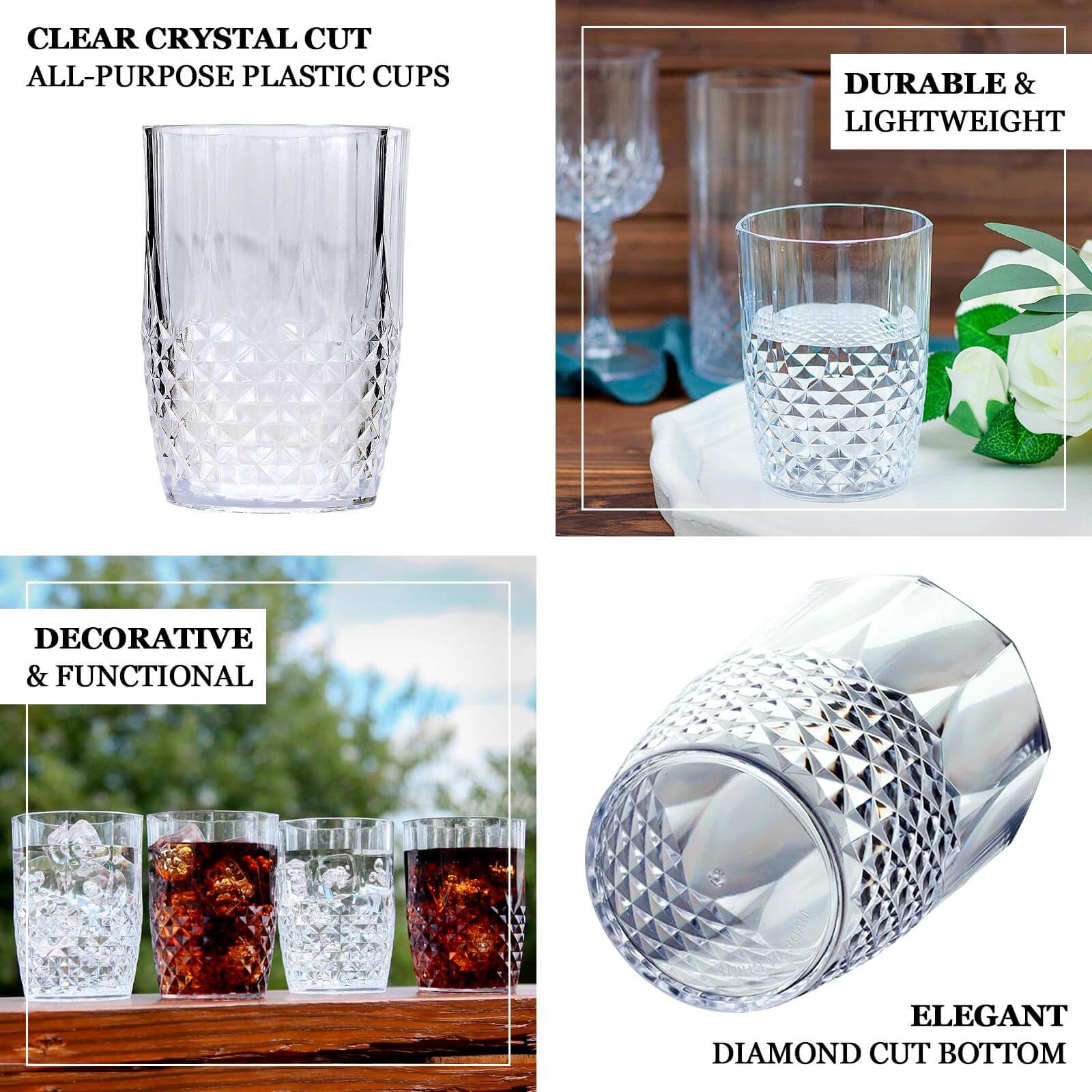 6-Pack Plastic Short Tumblers Clear Crystal Cut Style - Reusable All-Purpose Glasses 16oz