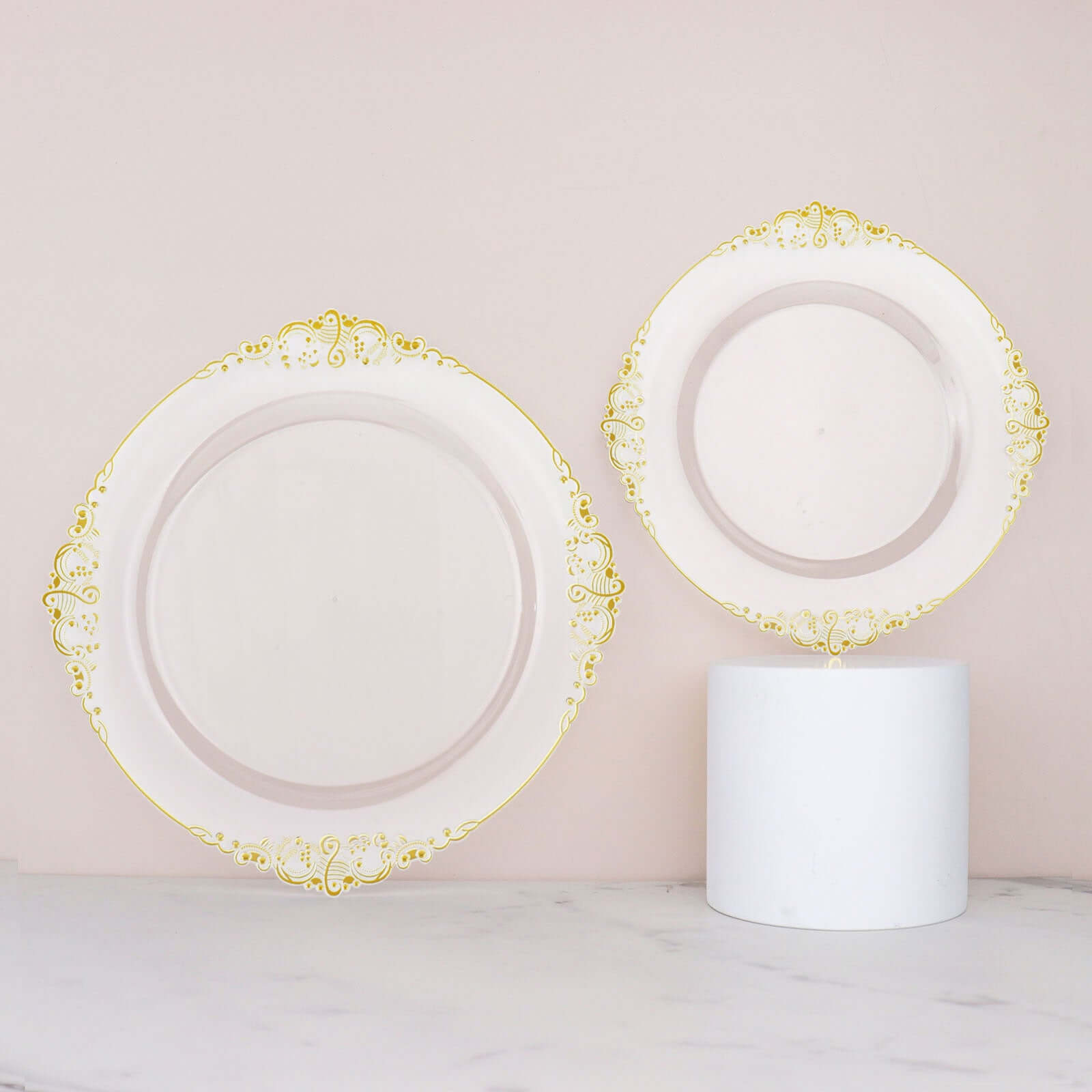 10-Pack Plastic 10 Round Dinner Plates in Clear with Gold Leaf Embossed Rim - Disposable Vintage Baroque Style Plates