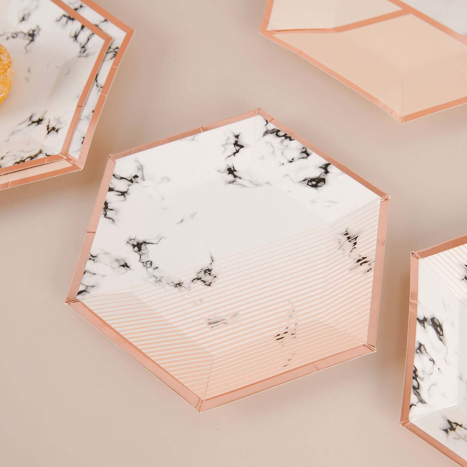 50-Pack Paper Hexagon Dinner and Dessert Plates in Blush with Marble Design & Rose Gold Foil Rim - Chic Disposable Geometric Party Plates Set for 25 Guests 8, 10