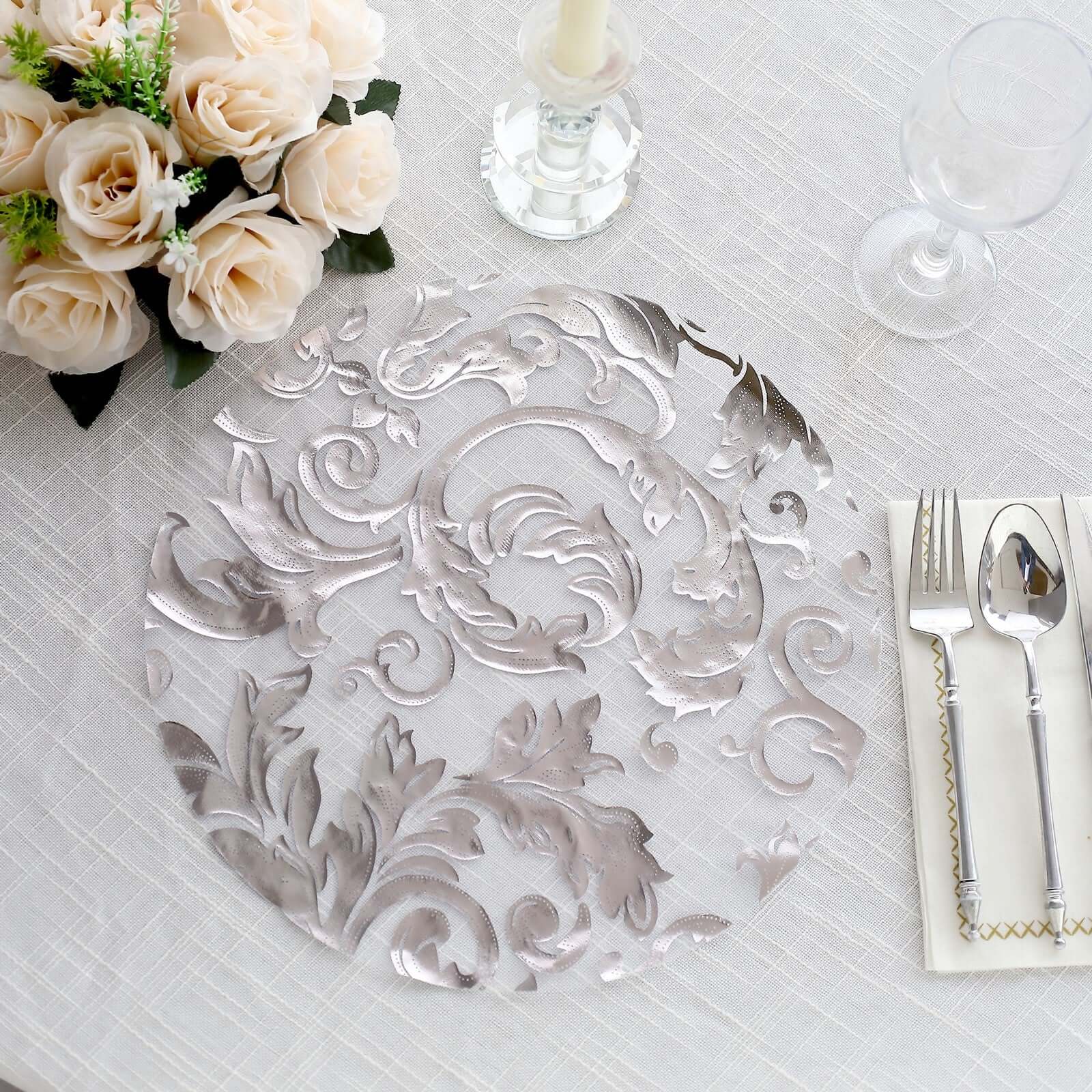 10-Pack Table Placemats Swirl Foil Floral Design Metallic Silver Round - Sheer Organza Disposable Mats 13