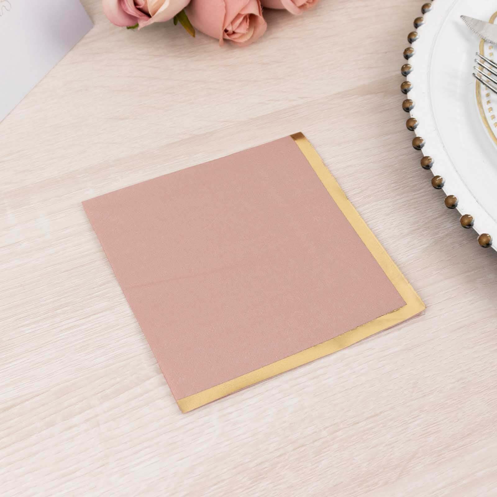 50-Pack Paper Beverage Napkins Dusty Rose with Gold Foil Edge - 2 Ply Disposable Soft 18GSM Cocktail Napkins 5x5