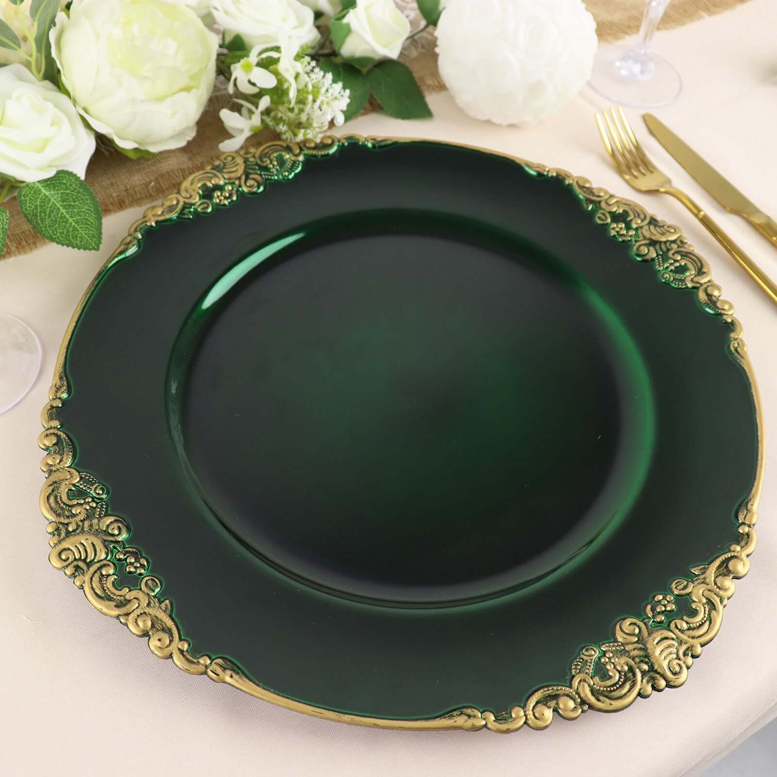 6-Pack Acrylic Round Charger Plates 13 in Hunter Emerald Green with Gold Embossed Baroque Rim, Antique Decorative Dinner Party Charger Tableware