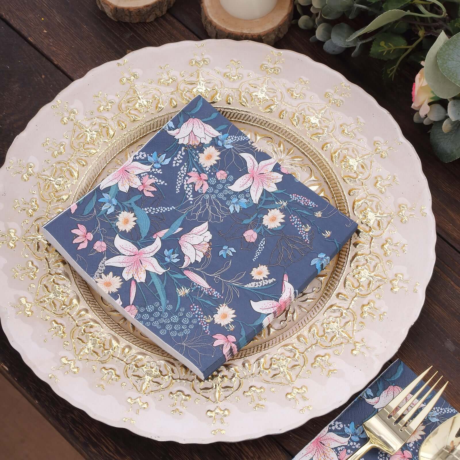 50-Pack Paper Beverage Napkins with Water Lily Floral Design Navy Blue - 2 Ply Soft 18GSM Wedding Napkins 6.5x6.5