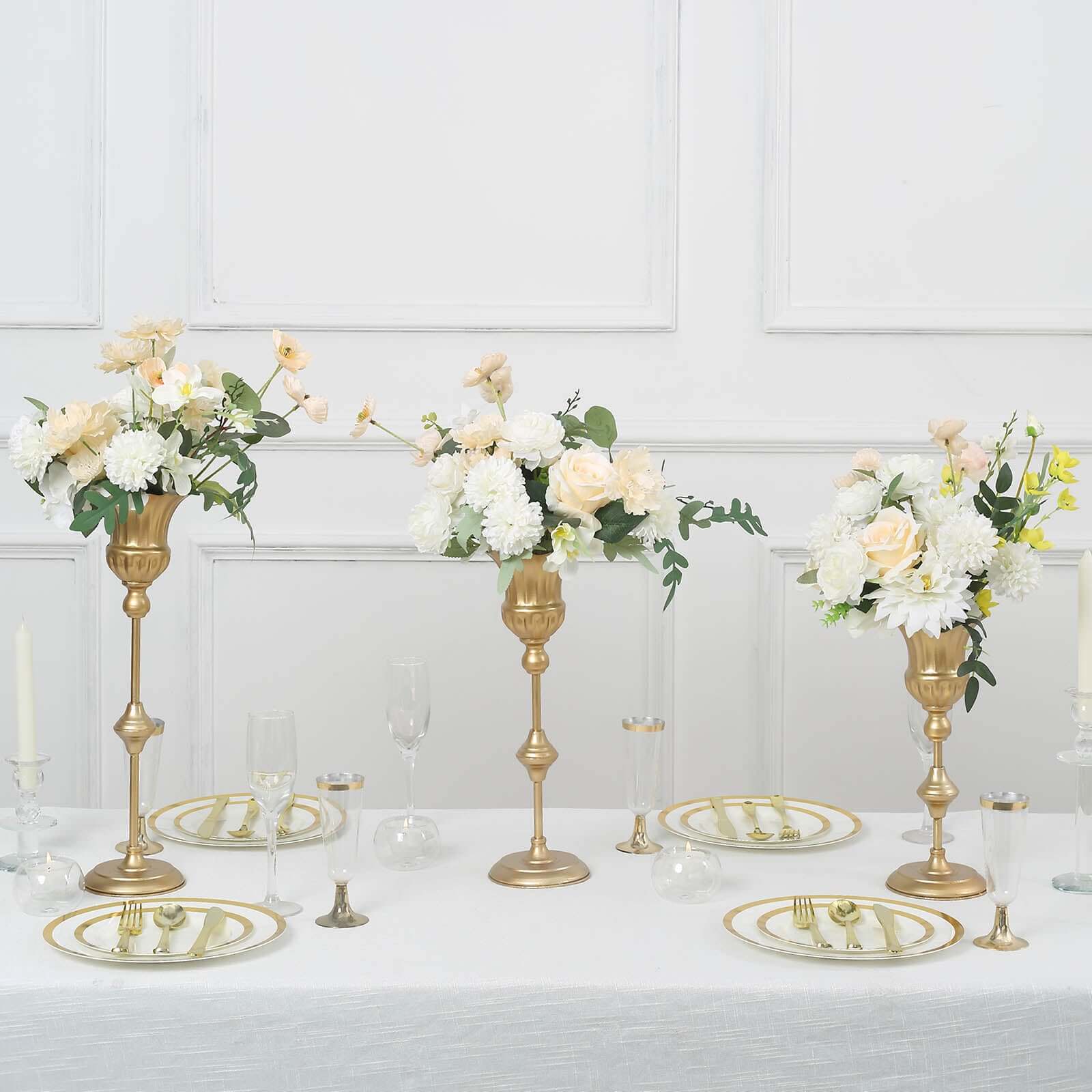 Set of 3 Trumpet Flower Vase Centerpieces Metallic Gold - Vintage Style Flute Table Decorative Stands 13, 16, 19