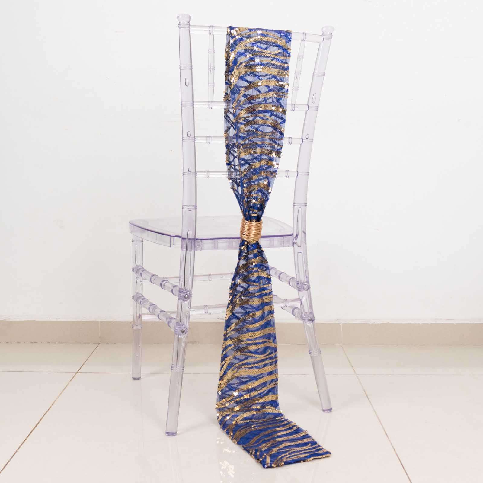 5 Pack Chair Sashes with Wave Embroidered Sequins Royal Blue/Gold 6x88