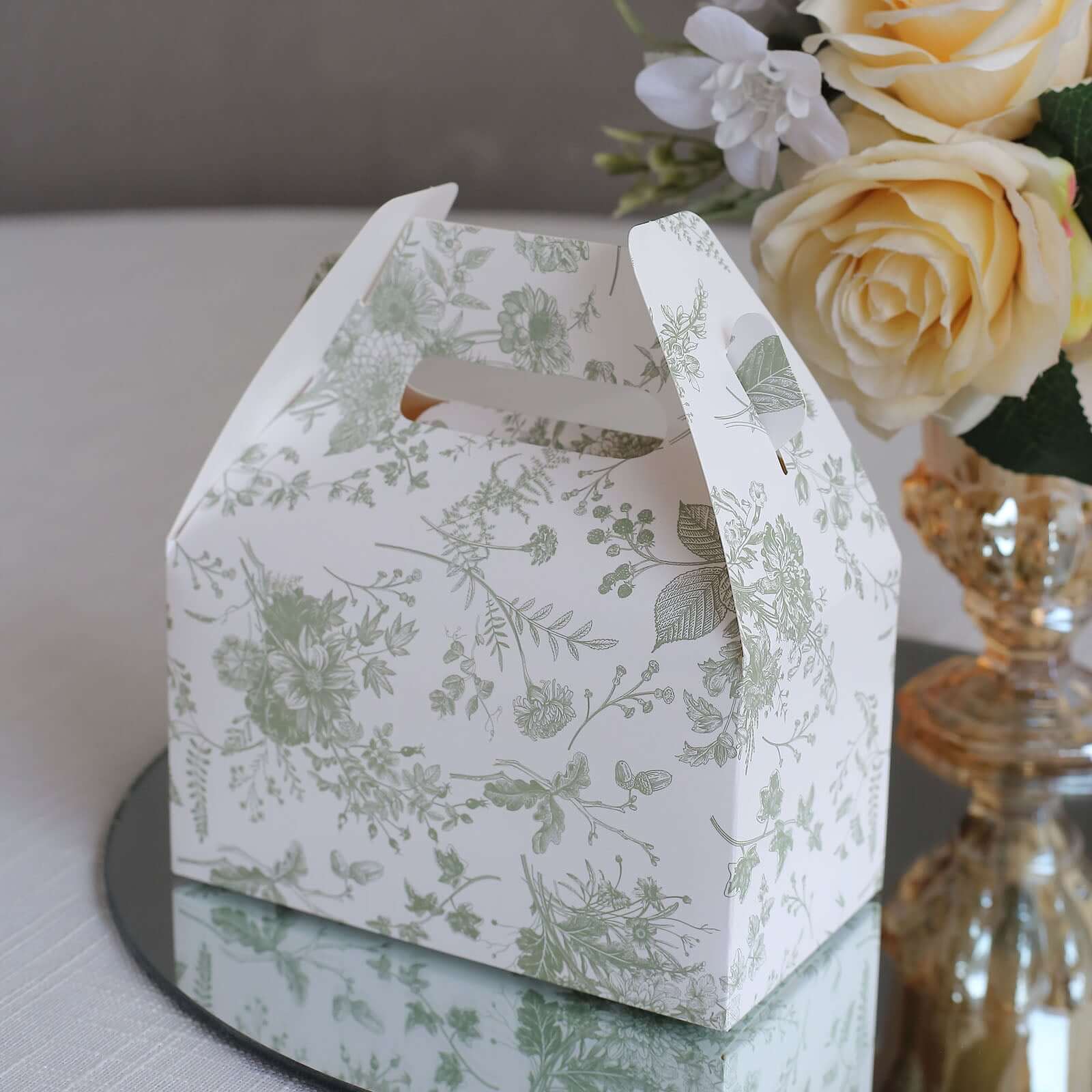 25 Pack White Sage Green Candy Gift Tote Gable Boxes in French Toile Pattern, Party Favor Treat Boxes - 6x3.5x7