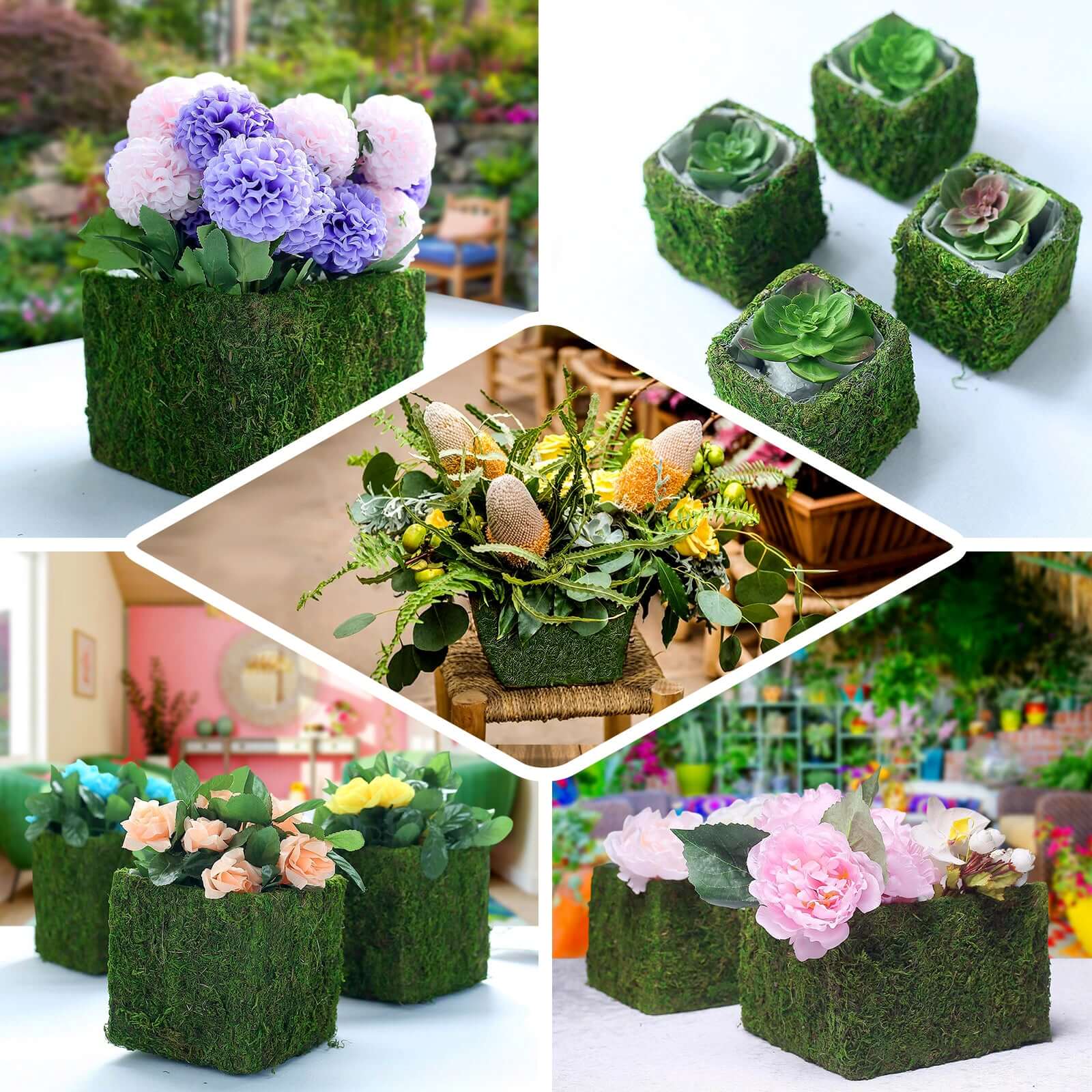 4-Pack Square Planter Boxes Covered with Inner Lining Green Preserved Moss - Flower Basket Centerpieces 6