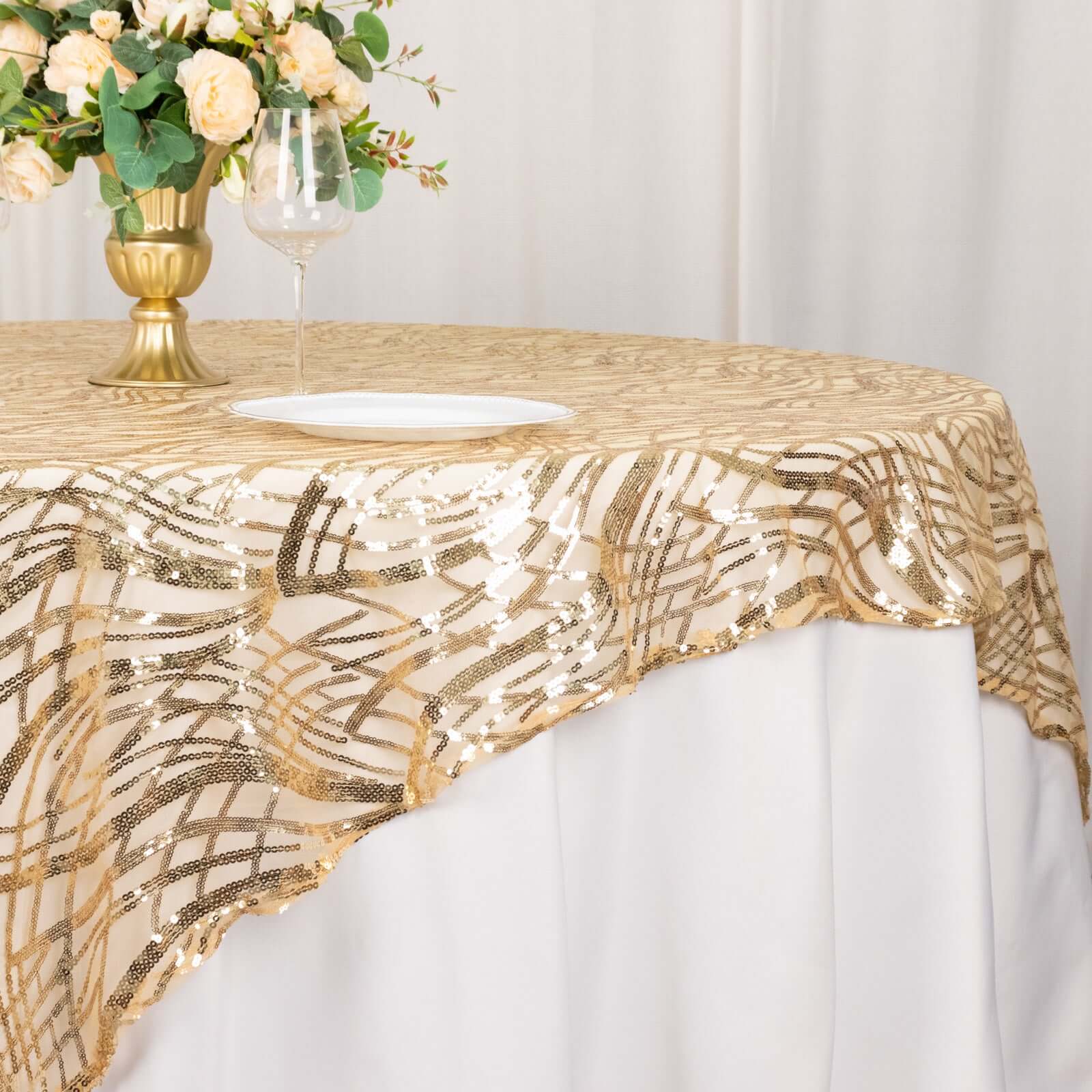 Mesh 72x72 Table Overlay Square Tablecloth Champagne - Wave Embroidered Sequins Table Topper