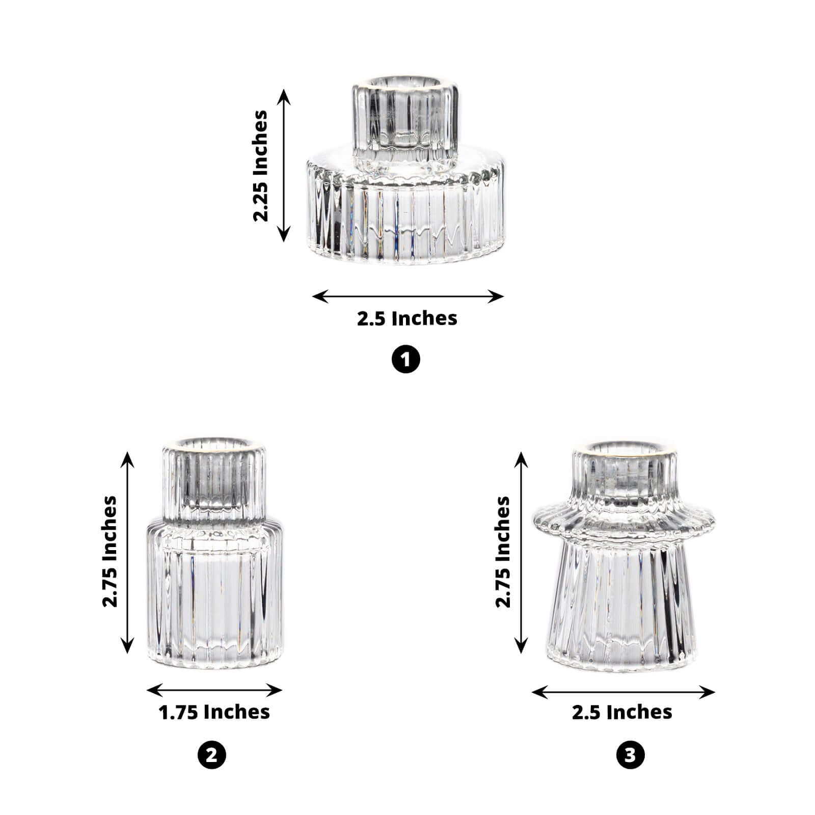 Set of 6 Glass Taper Candle Holders Ribbed Crystal Design with Gold Rim Clear - Reversible Mini Votive Tealight Stands 3