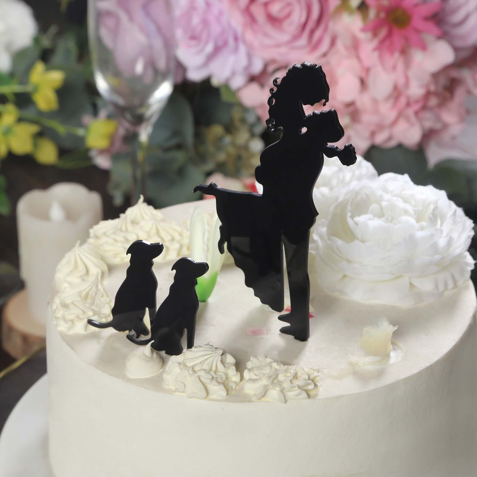 Acrylic Cake Toppers Black Silhouette Design of Bride, Groom, and Pet Dogs - Wedding Cake Decoration Set 7