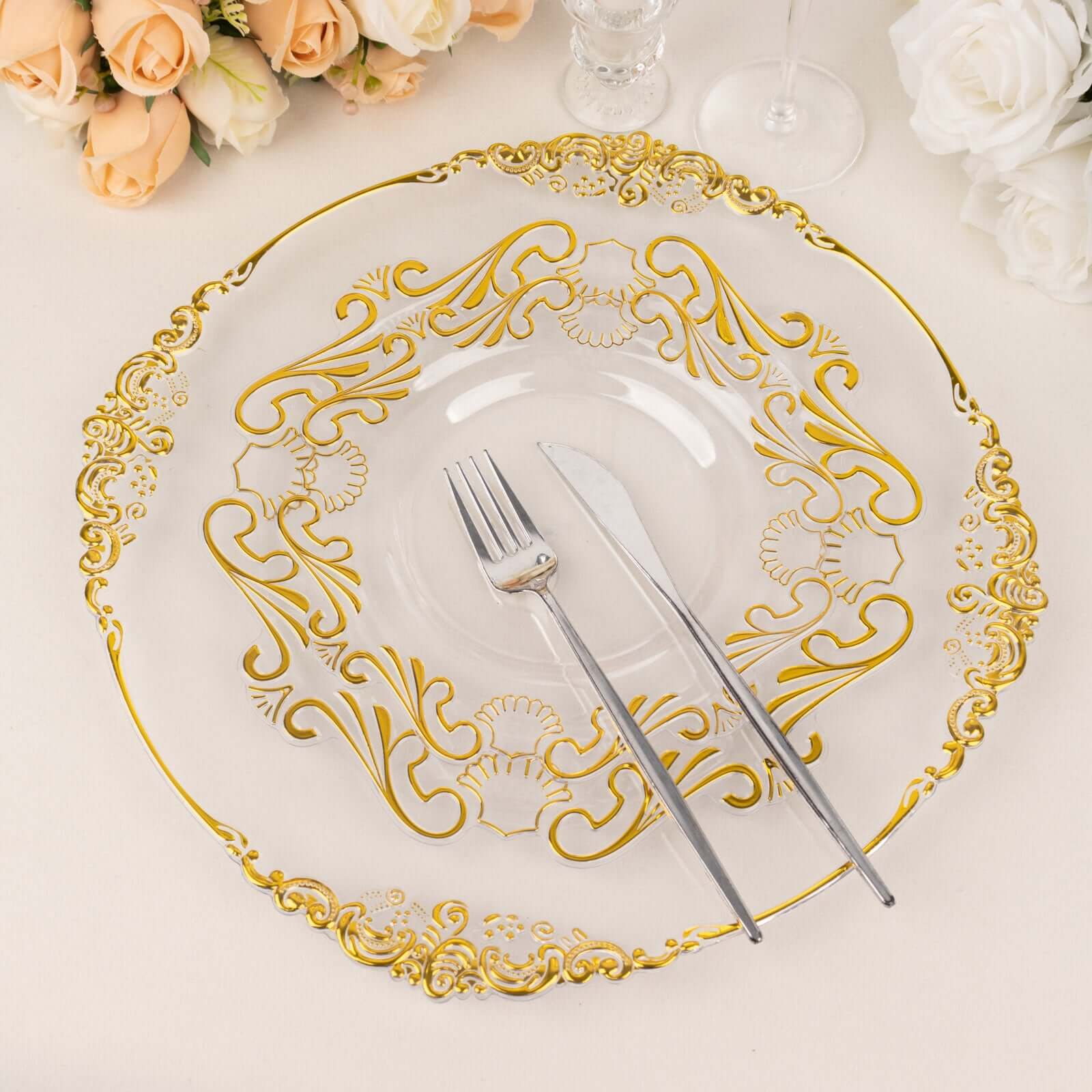 10-Pack Plastic 8 Round Dessert Plates in Clear with Gold Vintage Baroque Scalloped Rim - European Style Disposable Salad Appetizer Plates