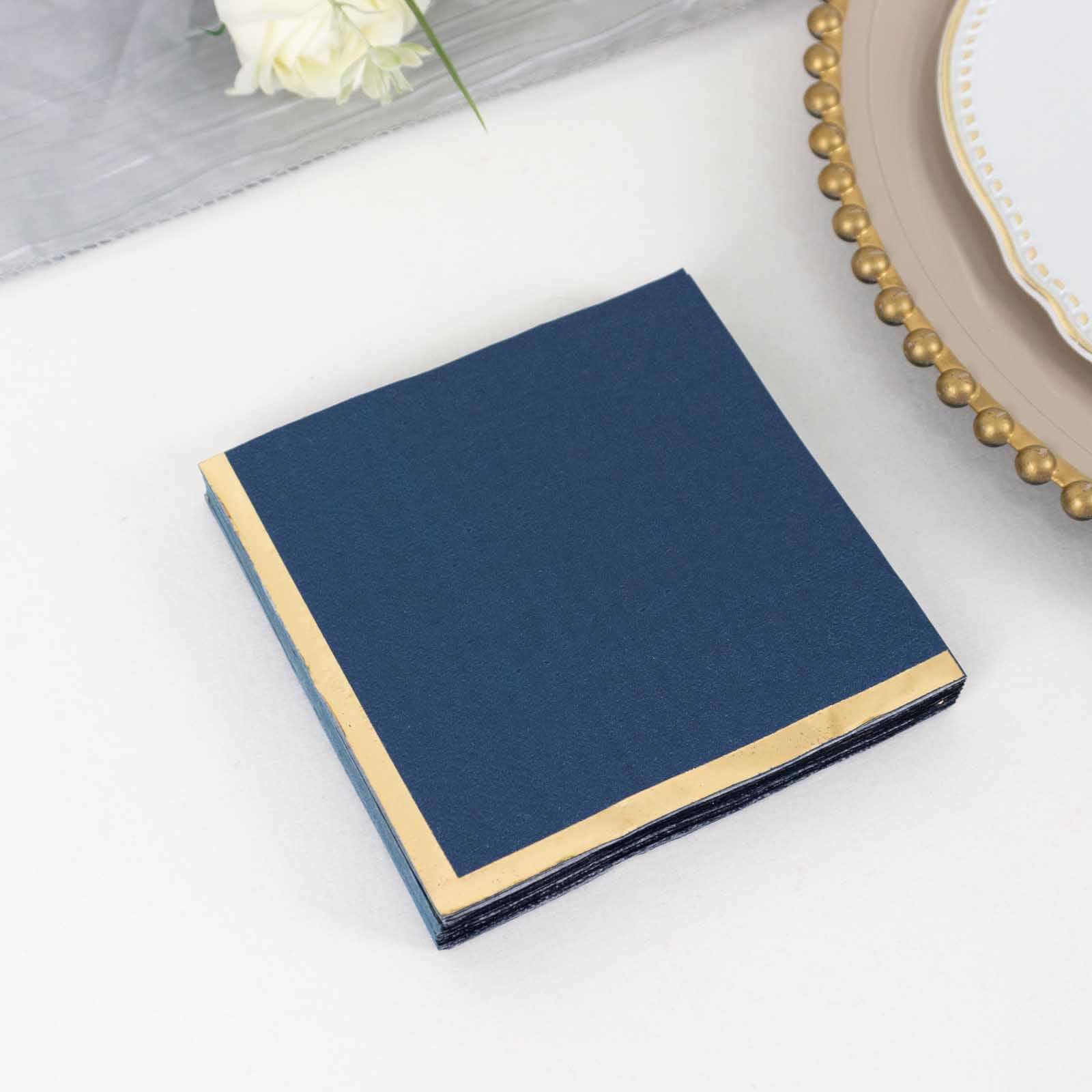 50-Pack Paper Beverage Napkins Navy Blue with Gold Foil Edge - 2 Ply Disposable Soft 18GSM Cocktail Napkins 5x5