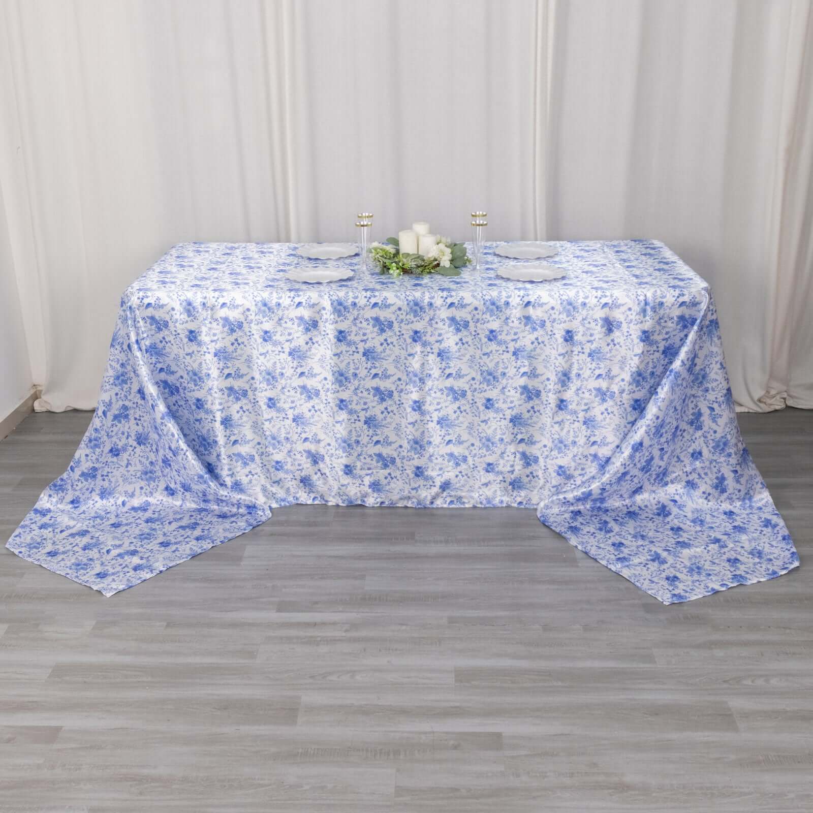 Satin Round 90x156 Tablecloth White/Blue French Toile Design - Seamless Stylish & Wrinkle-Resistant Table Cover