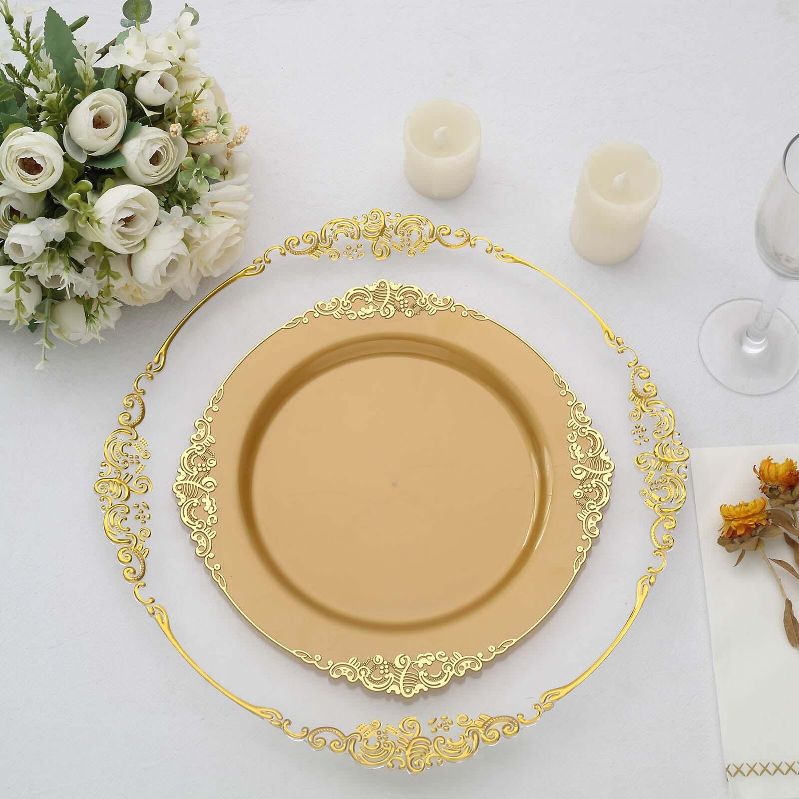 10-Pack Plastic 10 Round Dinner Plates in Gold with Leaf Embossed Rim - Disposable Vintage Baroque Style Plates for Luxurious Gatherings & Events