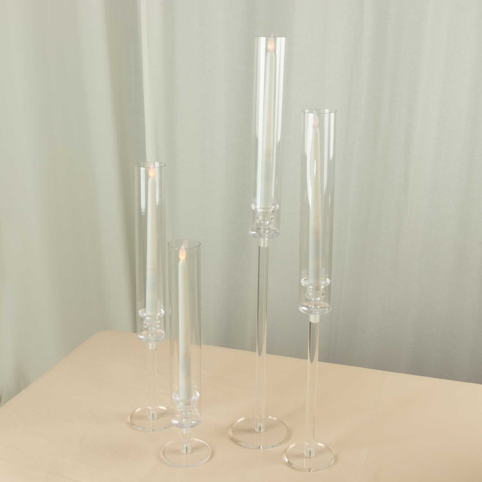 Set of 4 Acrylic Taper Candlestick Holders, Clear Tall Chimney Tube Candle Shades Hurricane Candle Stands 14, 18, 22, 26