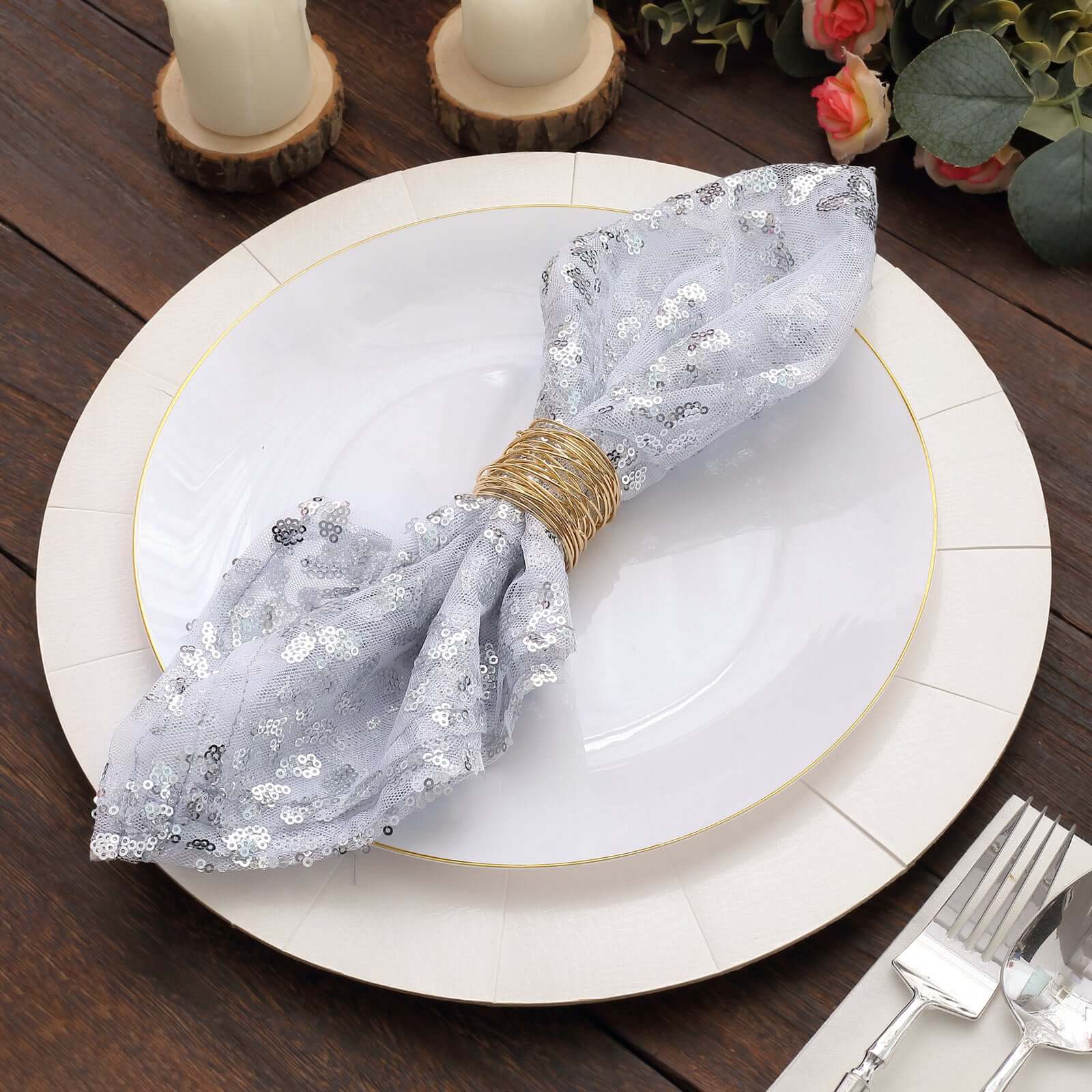 Sequin Tulle 20x20 Napkin Silver - Embroidered Leaf Vine Dinner Napkins